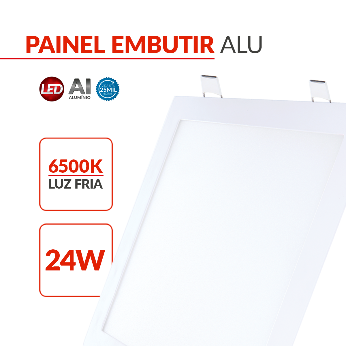 Painel Plafon Alumínio Embutir 24W 6500k Branco Frio 30cm Bivolt Quadrado Avant