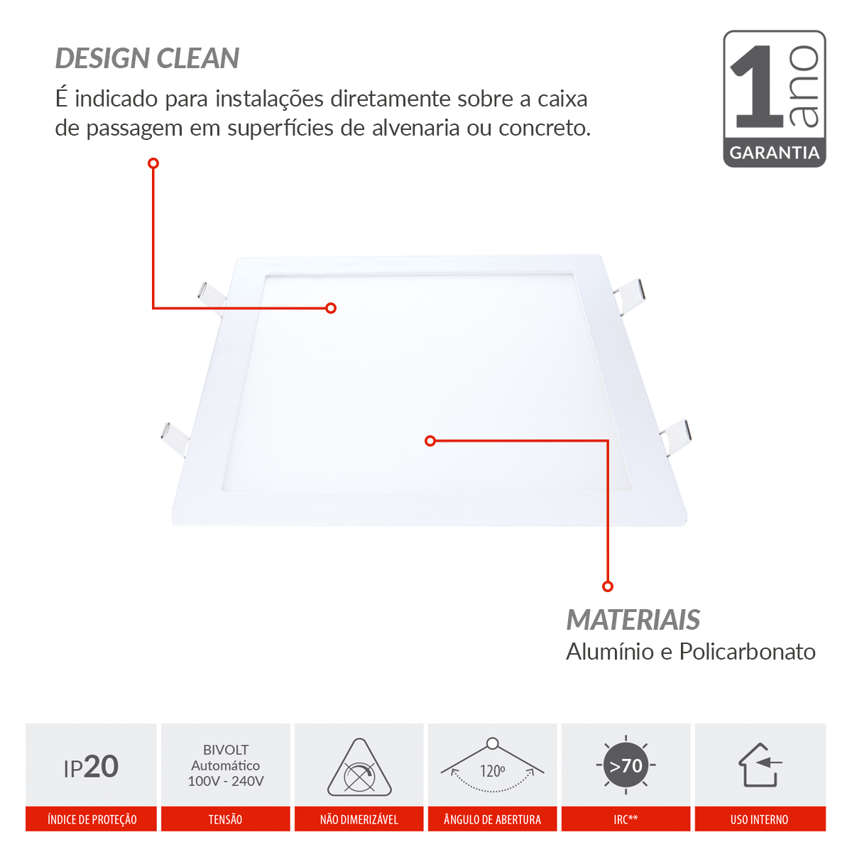 Painel Plafon Alumínio Embutir 24W 6500k Branco Frio 30cm Bivolt Quadrado Avant