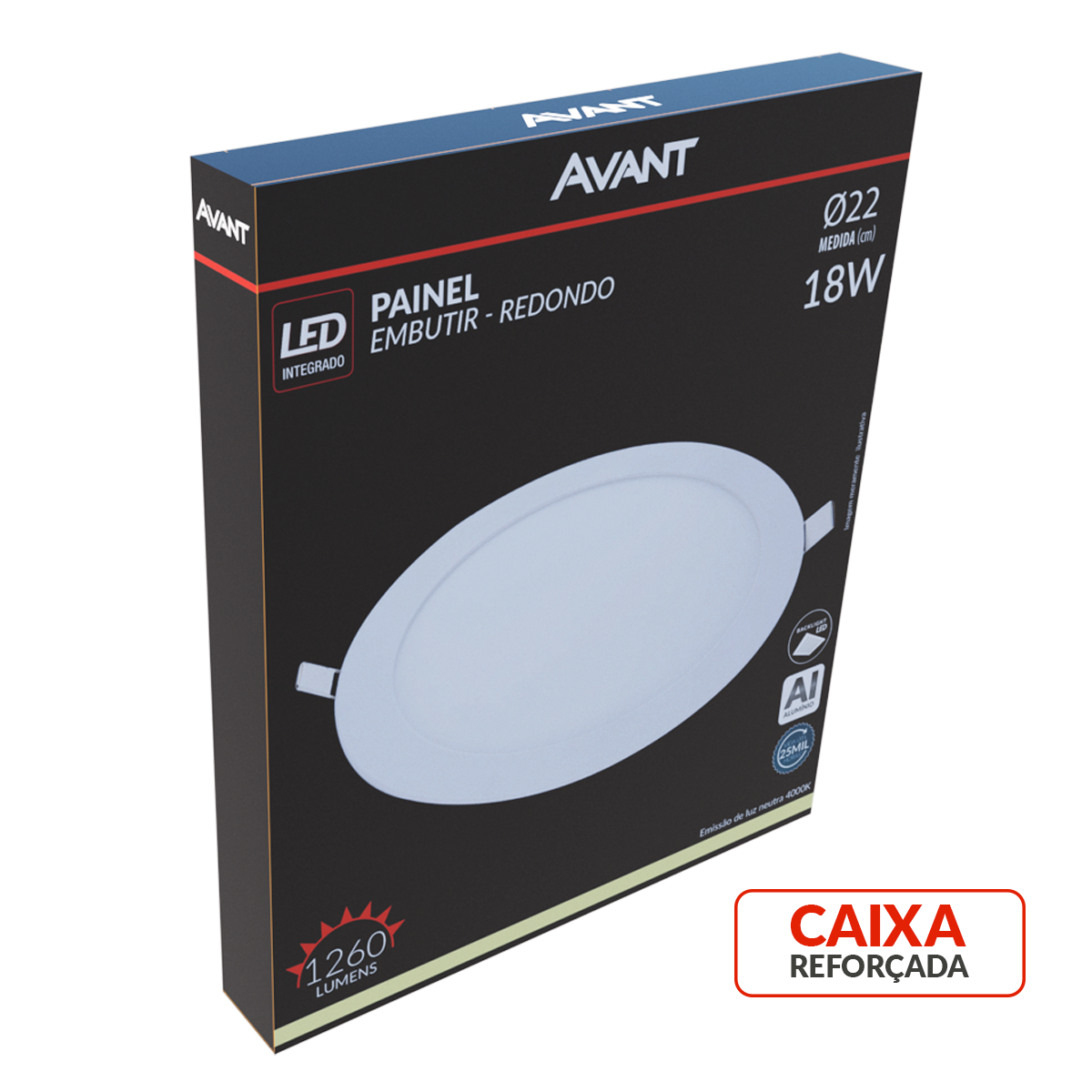 Painel Alumínio Embutir 18W 4000k Branco Neutro Bivolt 22cm Redondo Branco Avant