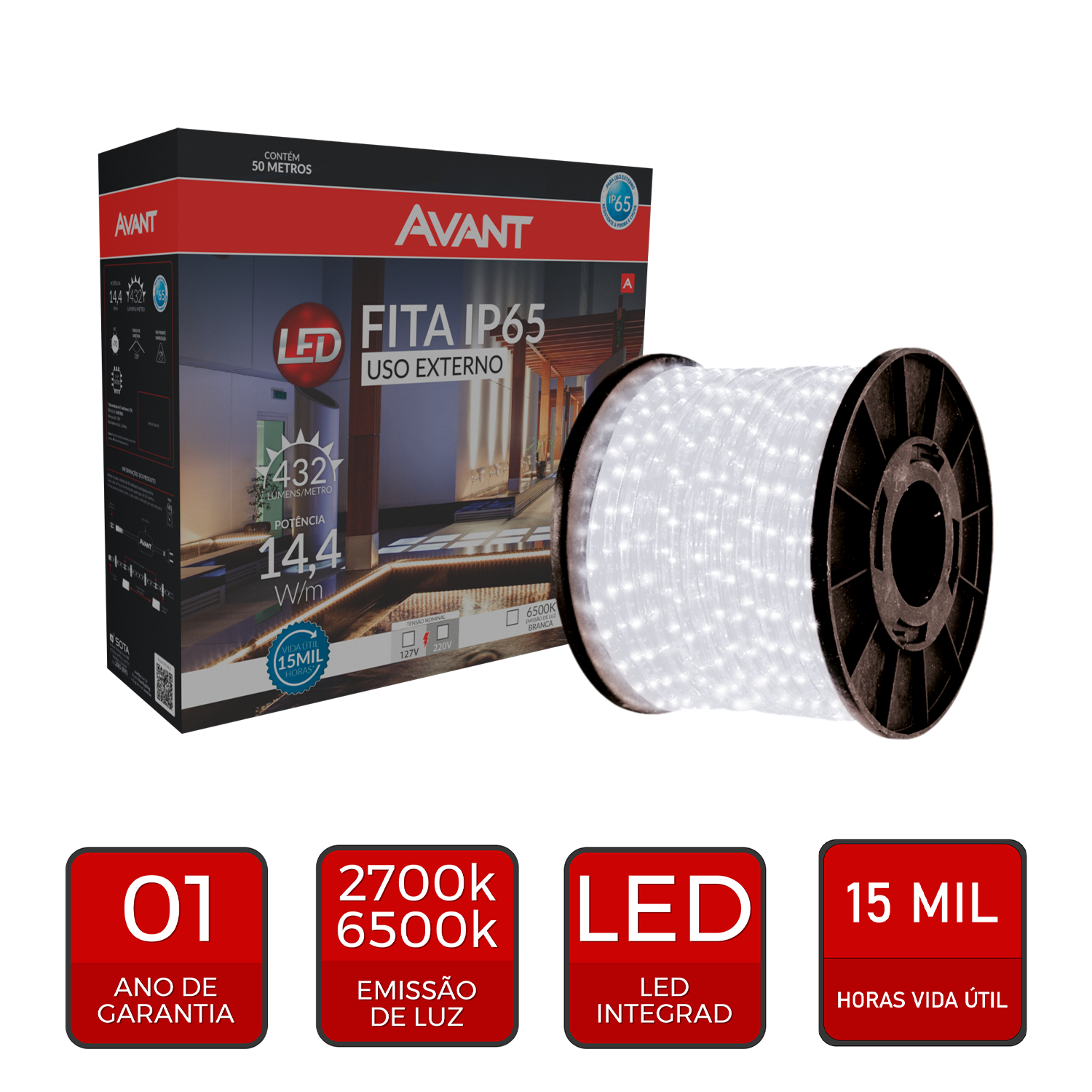 Fita Led Externa 10w 6500k Branco Frio 50 Metros 220v Ip67 60 Leds/m a prova d'água Avant