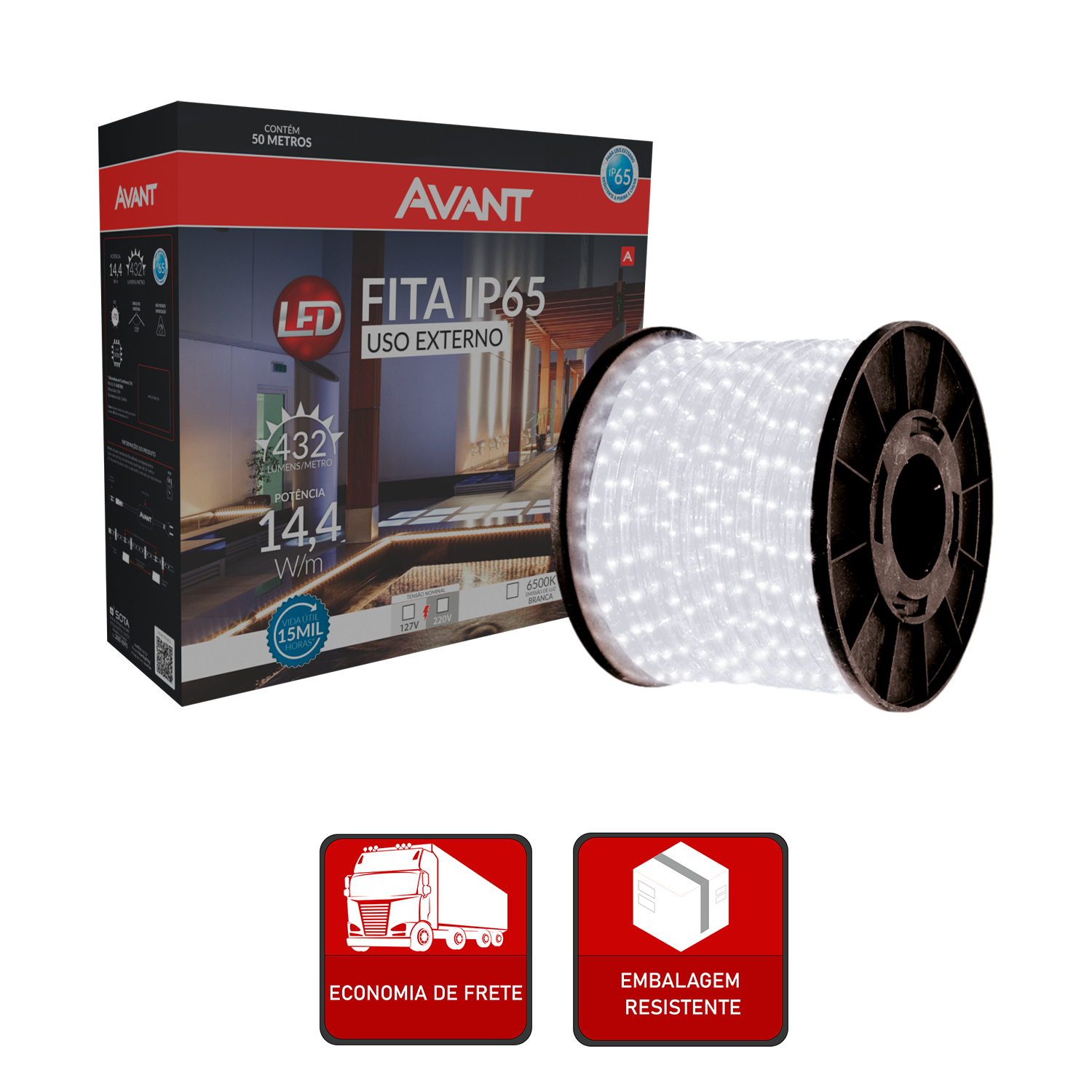 Fita Led Externa 10w 6500k Branco Frio 50 Metros 220v Ip67 60 Leds/m a prova d'água Avant