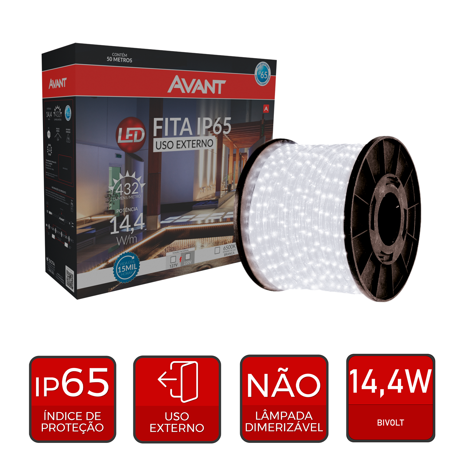 Fita Led Externa 10w 6500k Branco Frio 50 Metros 220v Ip67 60 Leds/m a prova d'água Avant