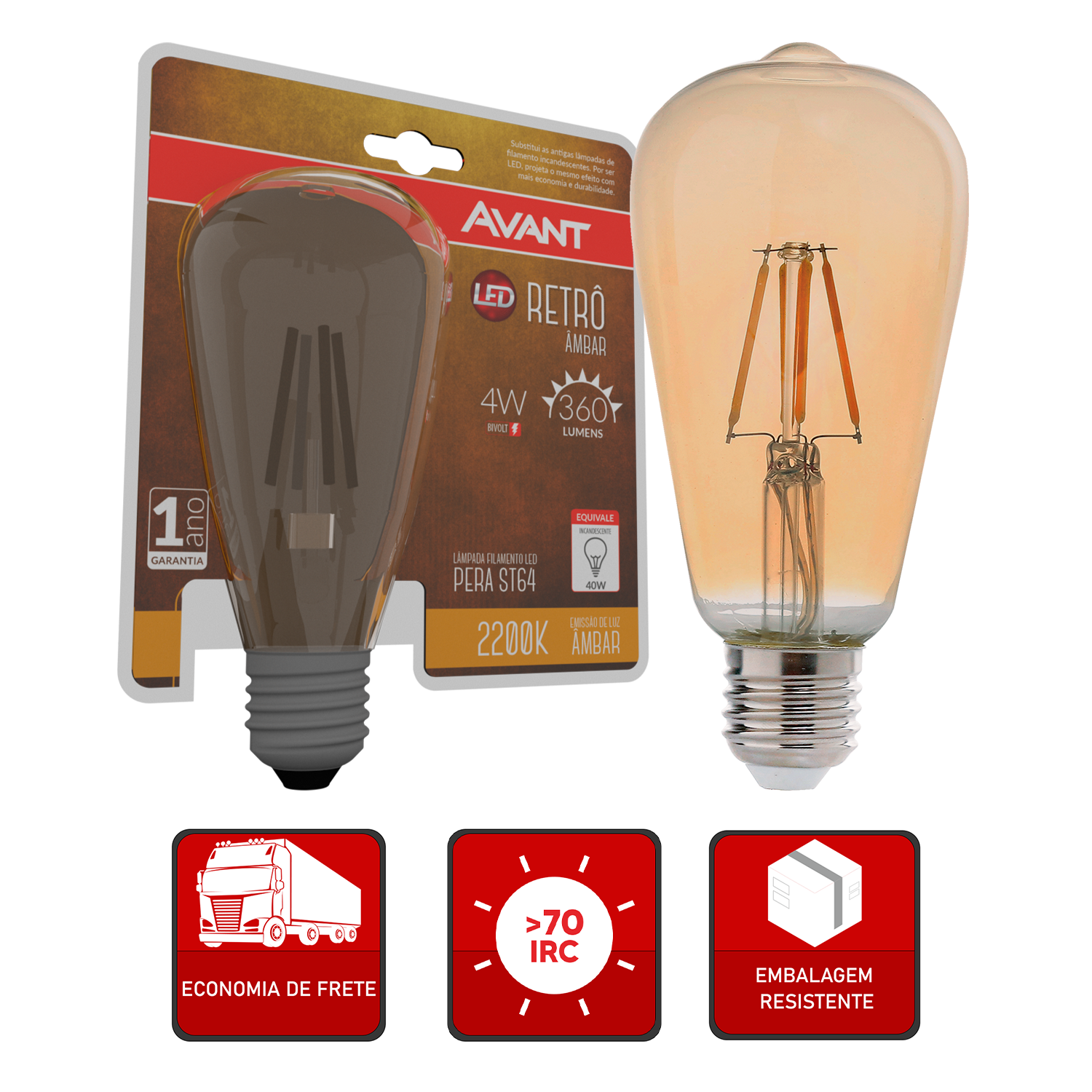 Lampada Led Retro Pera ST64 E27 Luz Amarela 2200K 4w Bivolt Avant