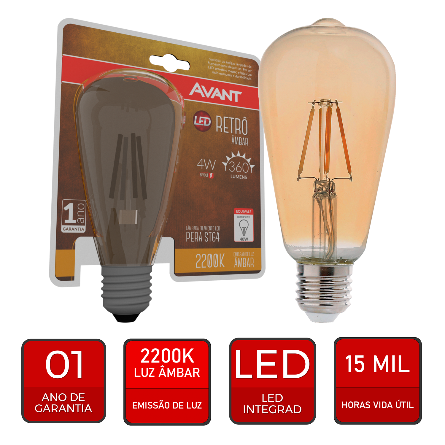 Lampada Led Retro Pera ST64 E27 Luz Amarela 2200K 4w Bivolt Avant