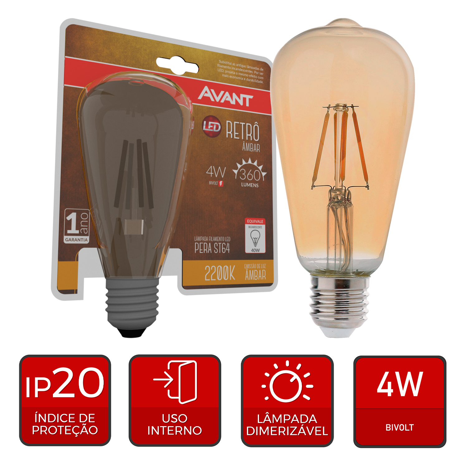 Lampada Led Retro Pera ST64 E27 Luz Amarela 2200K 4w Bivolt Avant