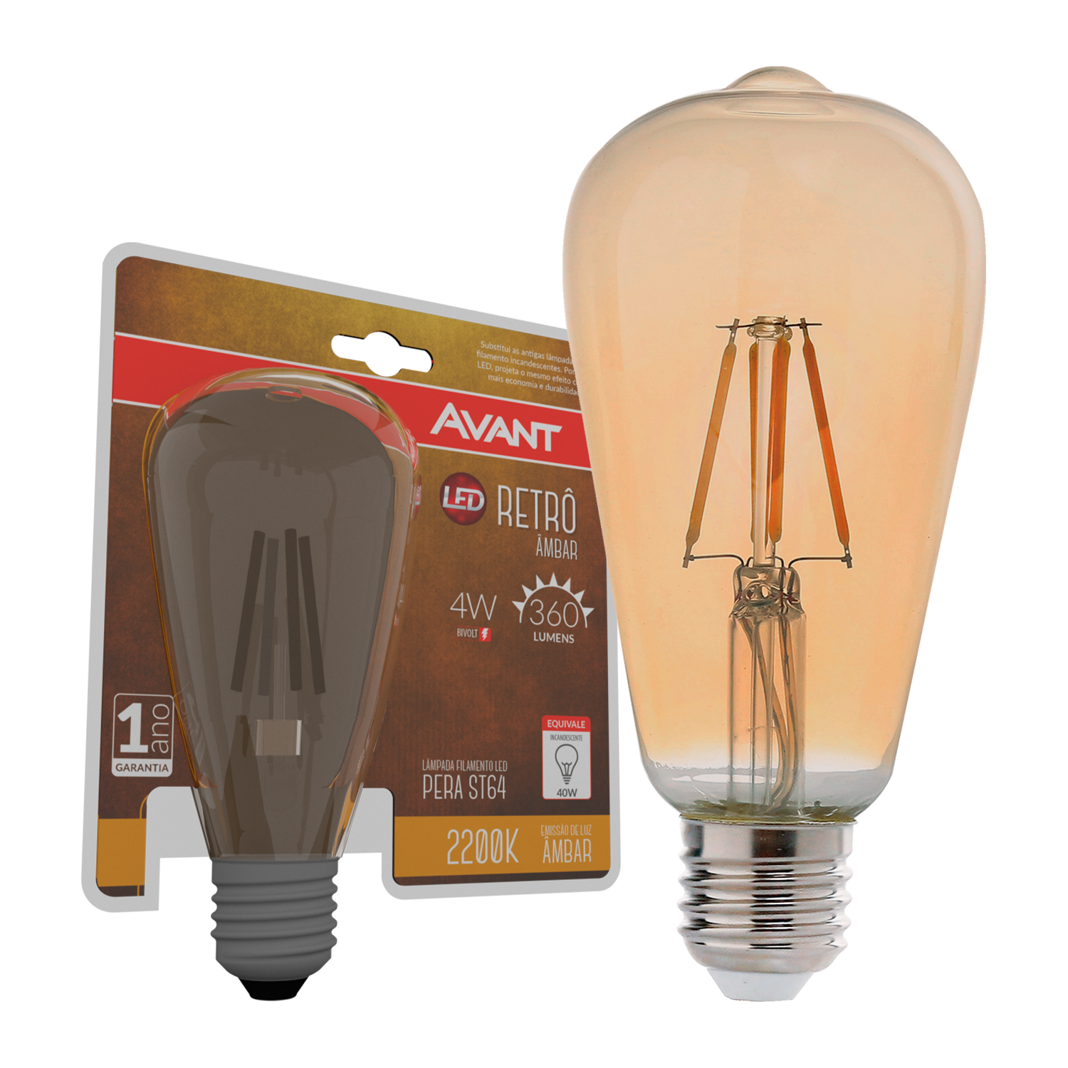 Lampada Led Retro Pera ST64 E27 Luz Amarela 2200K 4w Bivolt Avant