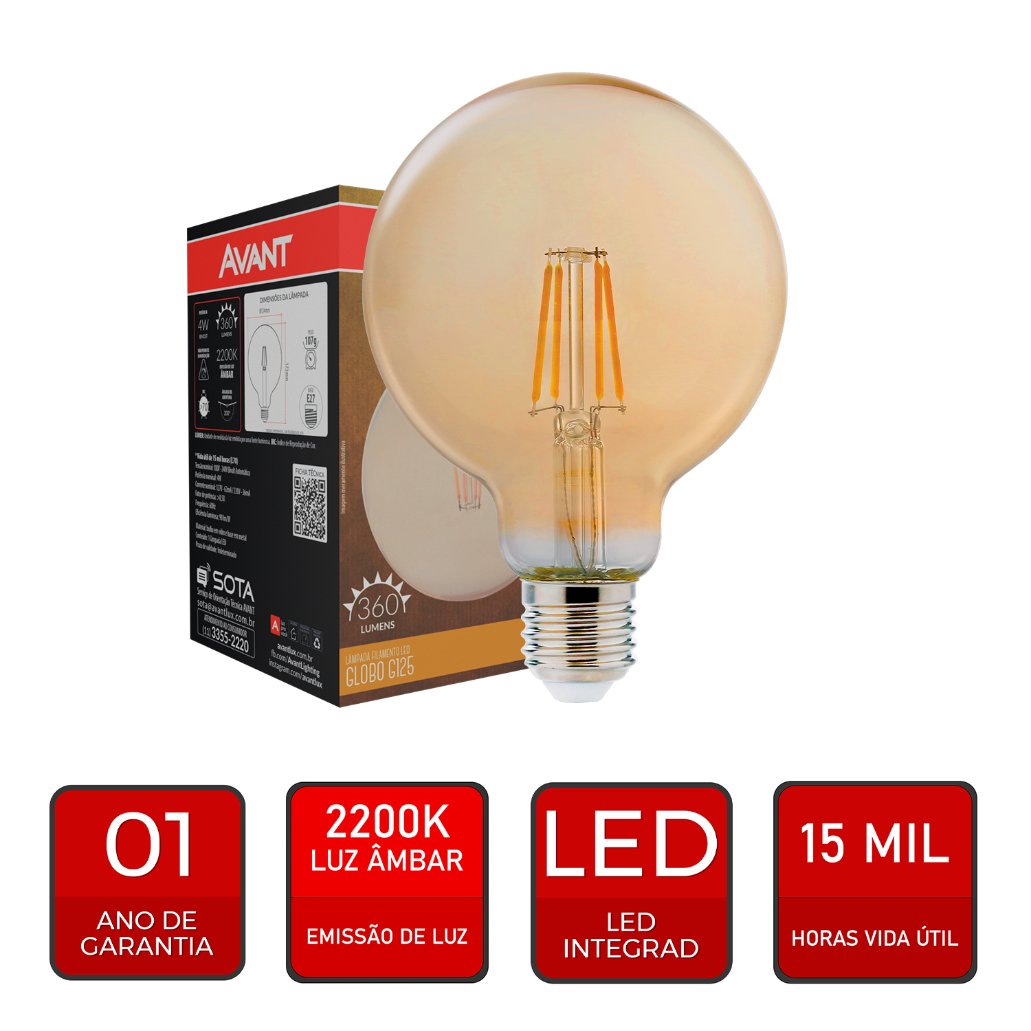 Lampada Led Retro G125 4w 2200k Branco Quente E27 110v/220v Avant