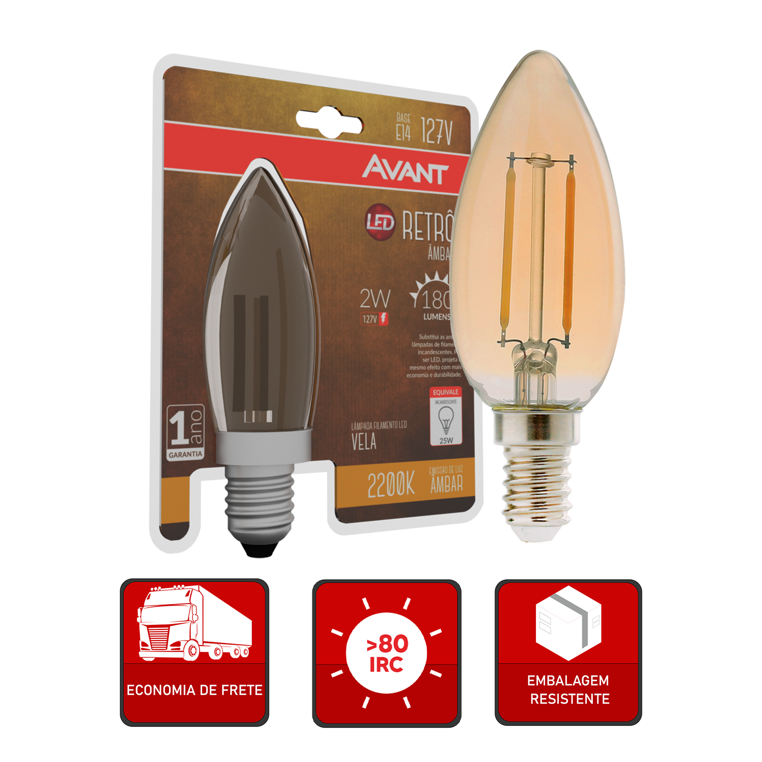 Lampada Led Vela Filamento Retro 2w 2200k Branco Quente E14 127v Avant