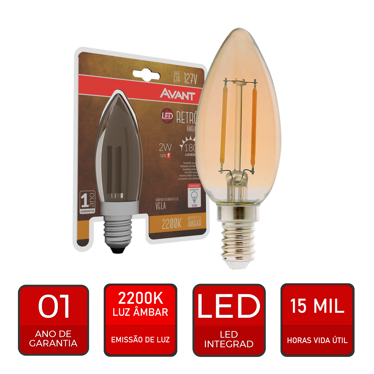 Lampada Led Vela Filamento Retro 2w 2200k Branco Quente E14 127v Avant