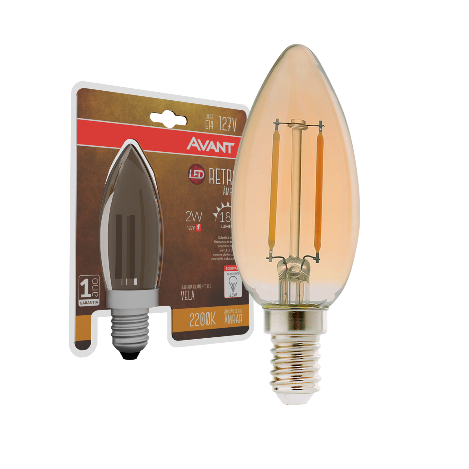 Lampada Led Vela Filamento Retro 2w 2200k Branco Quente E14 127v Avant
