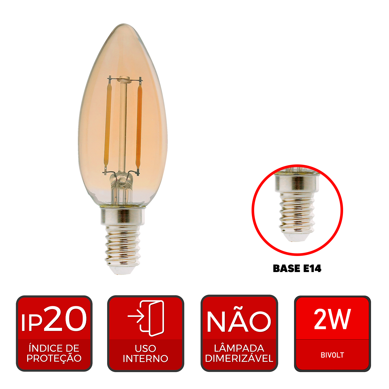 Lampada Led Vela Filamento Retro 2w 2200k Branco Quente E14 127v Avant