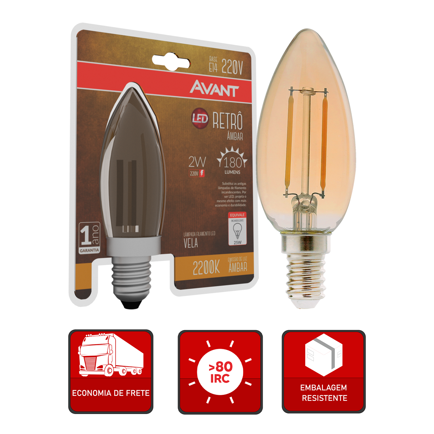 Lâmpada Led Retro Vela Âmbar 2w E14 2200k 220v Luz Quente