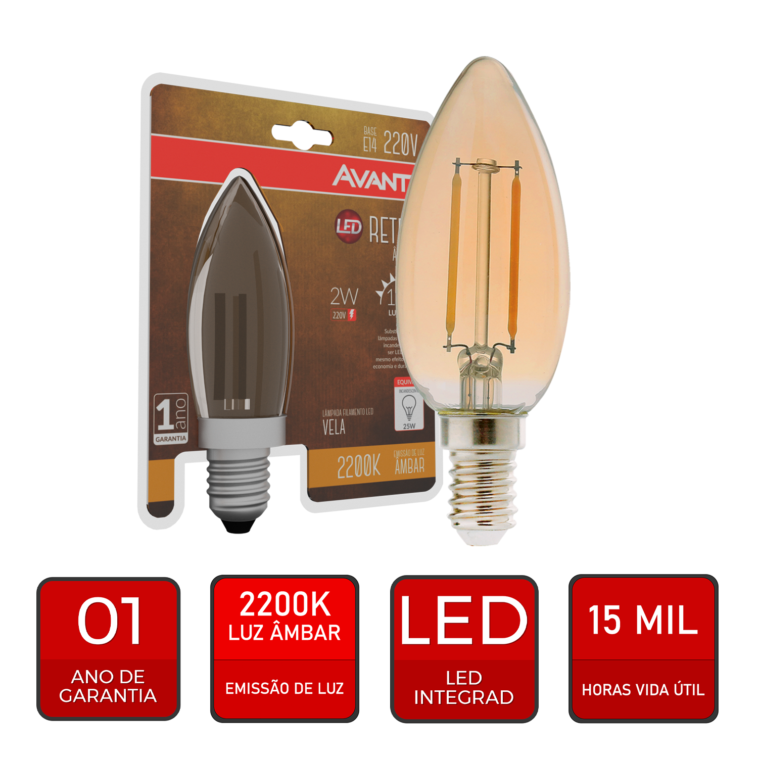Lâmpada Led Retro Vela Âmbar 2w E14 2200k 220v Luz Quente