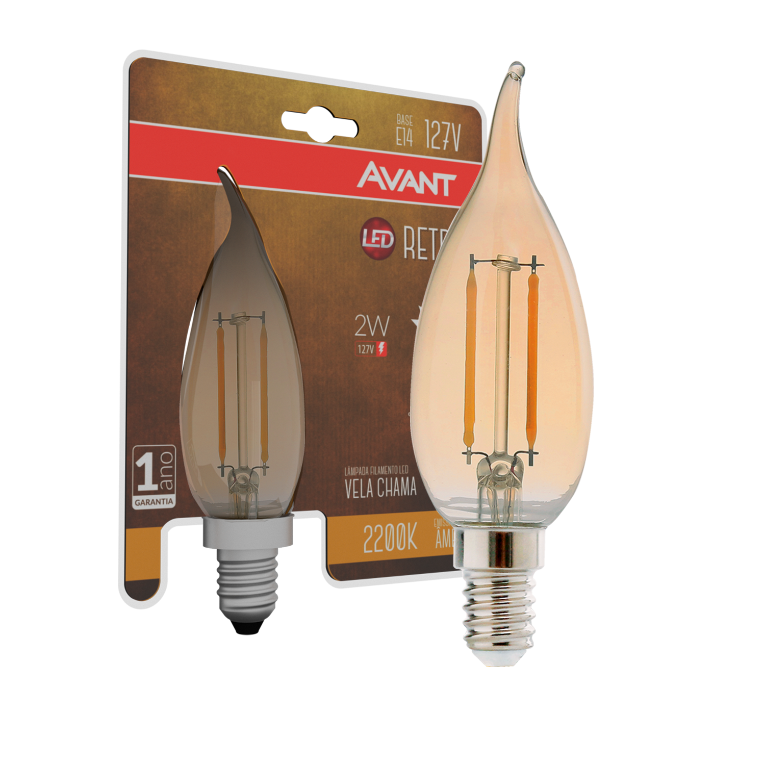 Lampada Led Vela Filamento Chama 2w 2200k Branco Quente E14 127v Avant