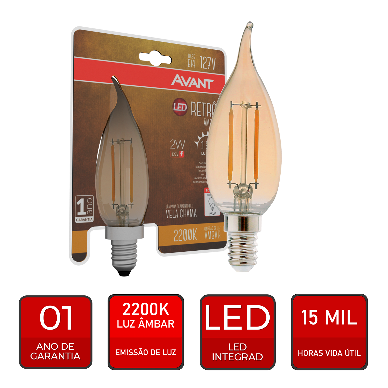 Lampada Led Vela Filamento Chama 2w 2200k Branco Quente E14 127v Avant