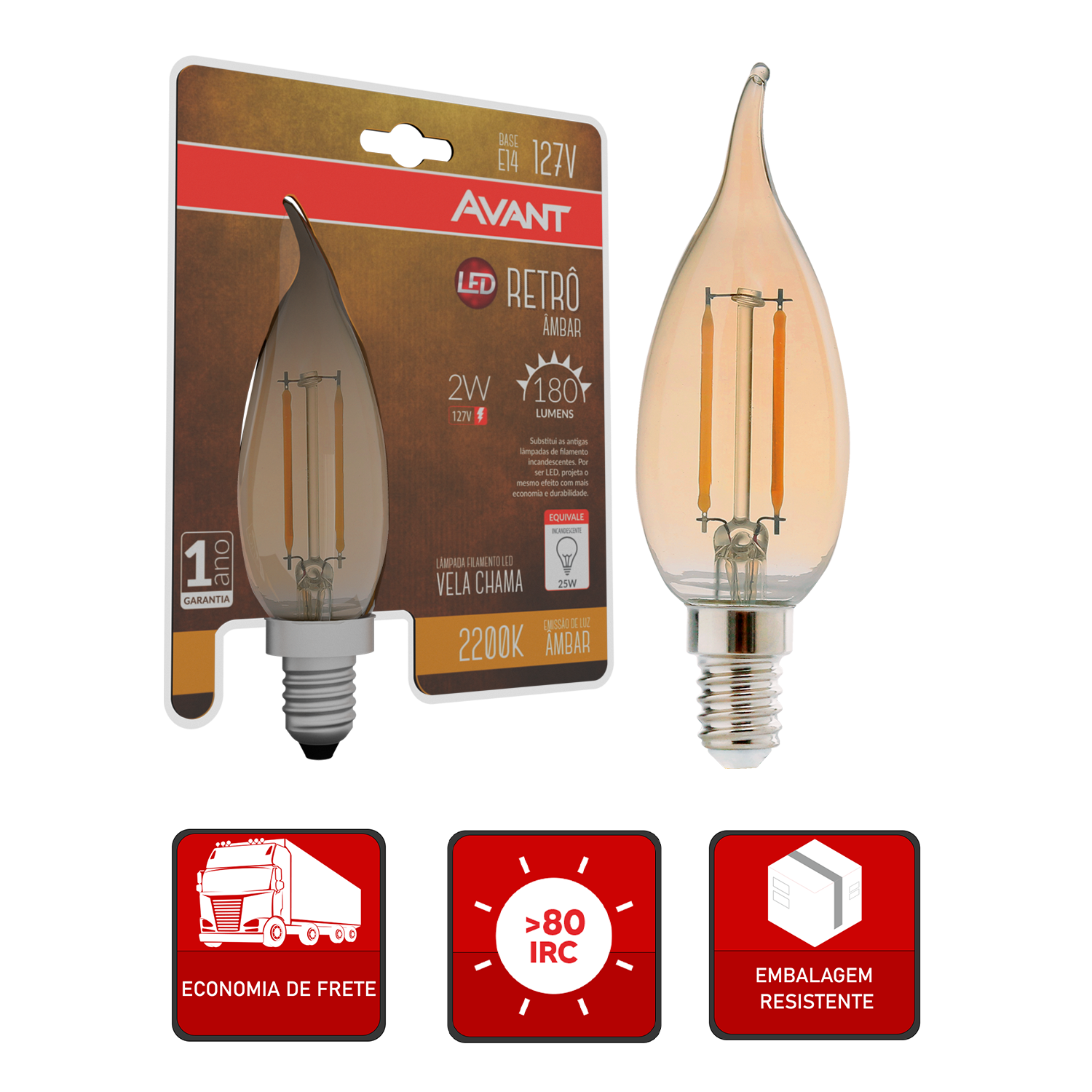 Lampada Led Vela Filamento Chama 2w 2200k Branco Quente E14 127v Avant
