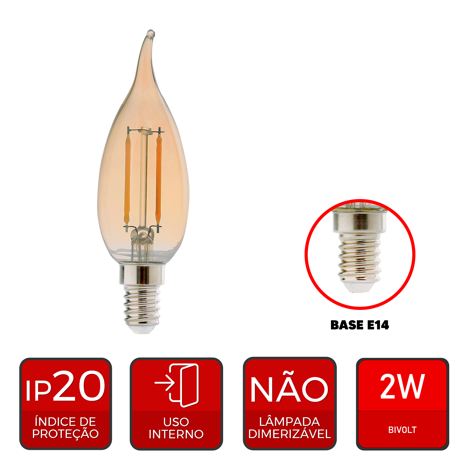 Lampada Led Vela Filamento Chama 2w 2200k Branco Quente E14 220v Avant