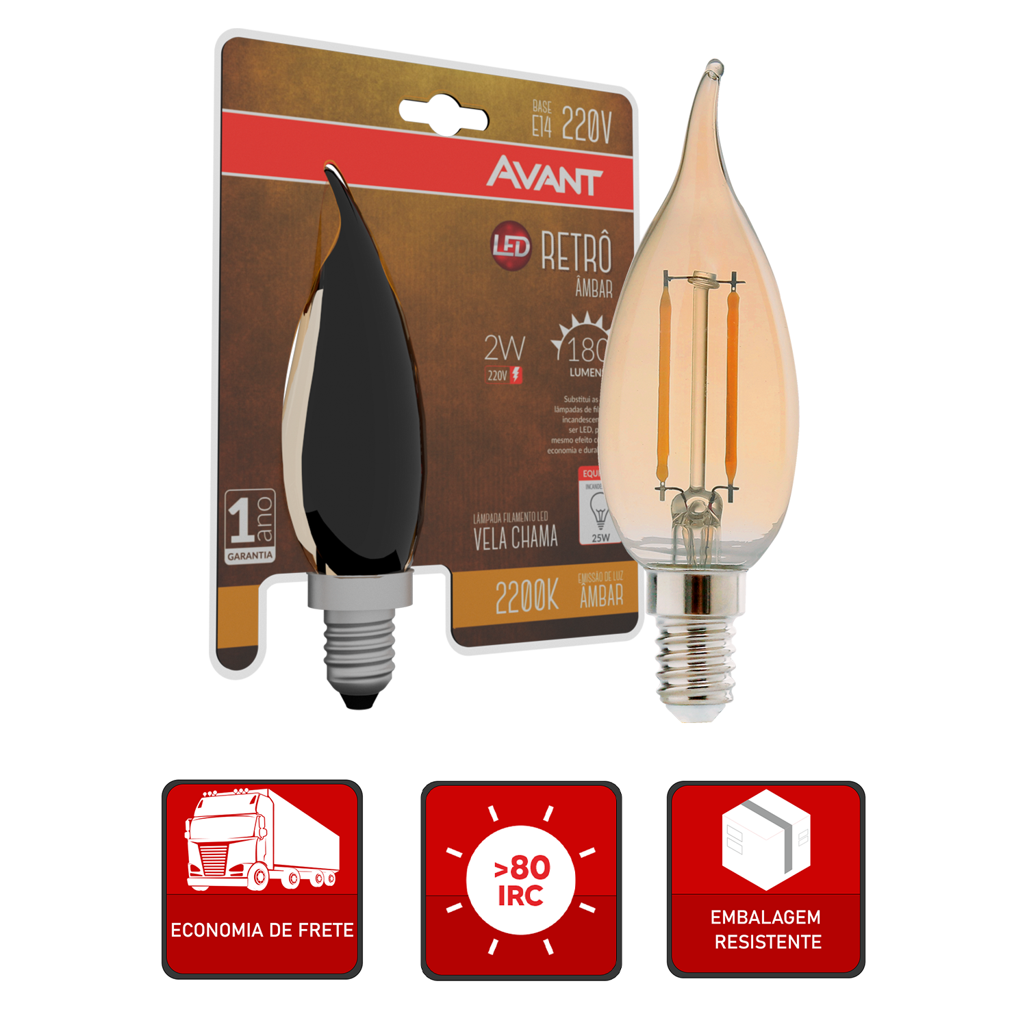 Lampada Led Vela Filamento Chama 2w 2200k Branco Quente E14 220v Avant