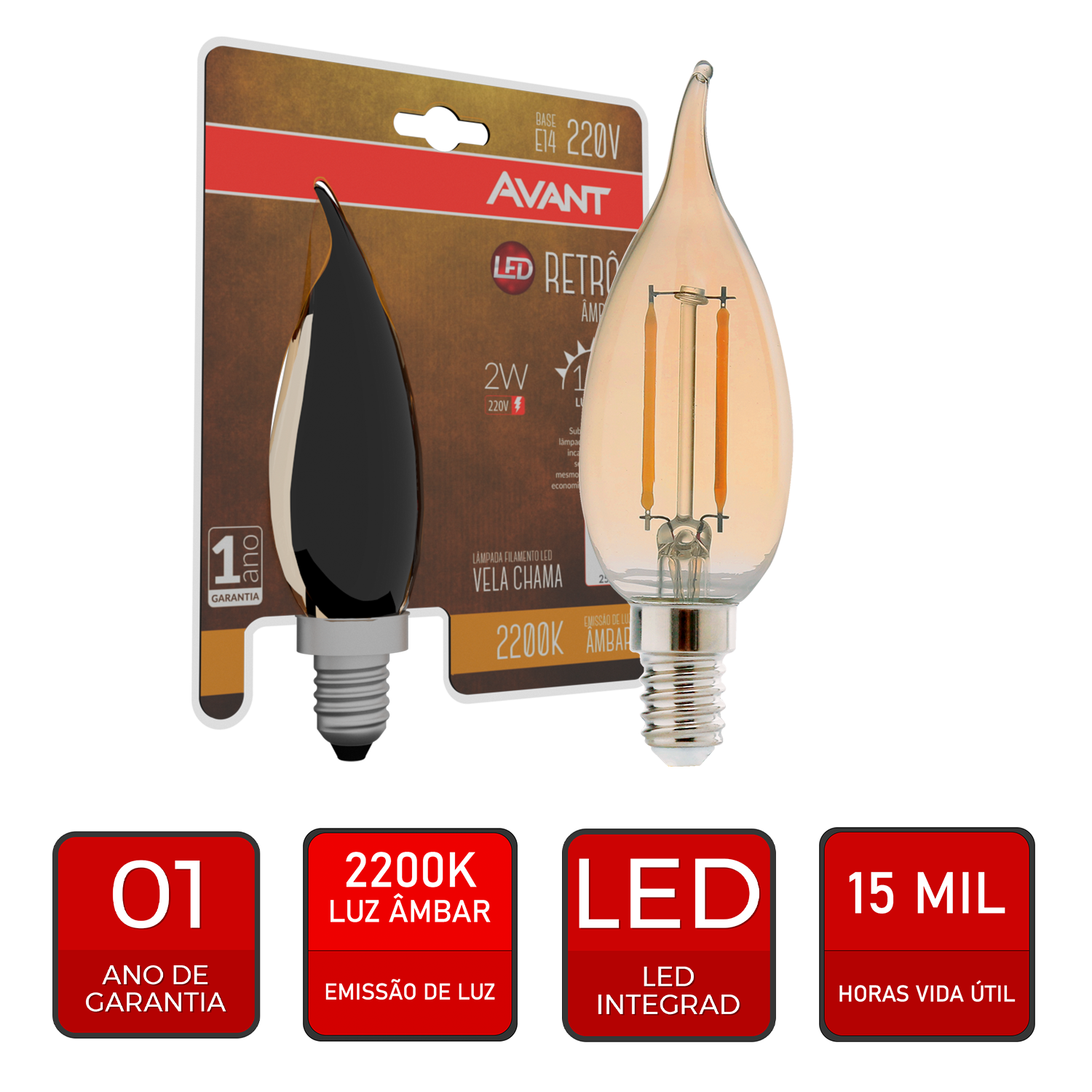 Lampada Led Vela Filamento Chama 2w 2200k Branco Quente E14 220v Avant