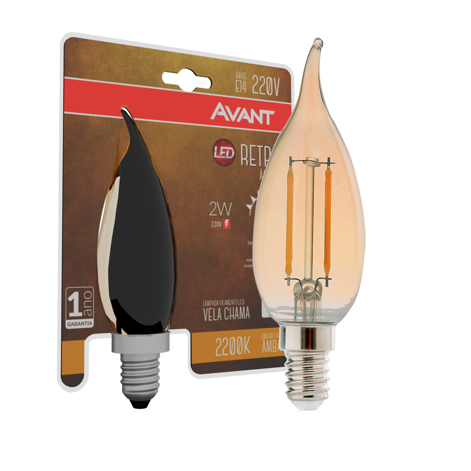 Lampada Led Vela Filamento Chama 2w 2200k Branco Quente E14 220v Avant