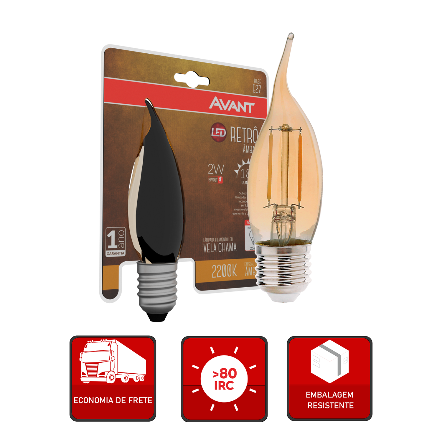Lampada Led Vela Filamento Chama 2w 2200k Branco Quente E27 110v/220v Avant