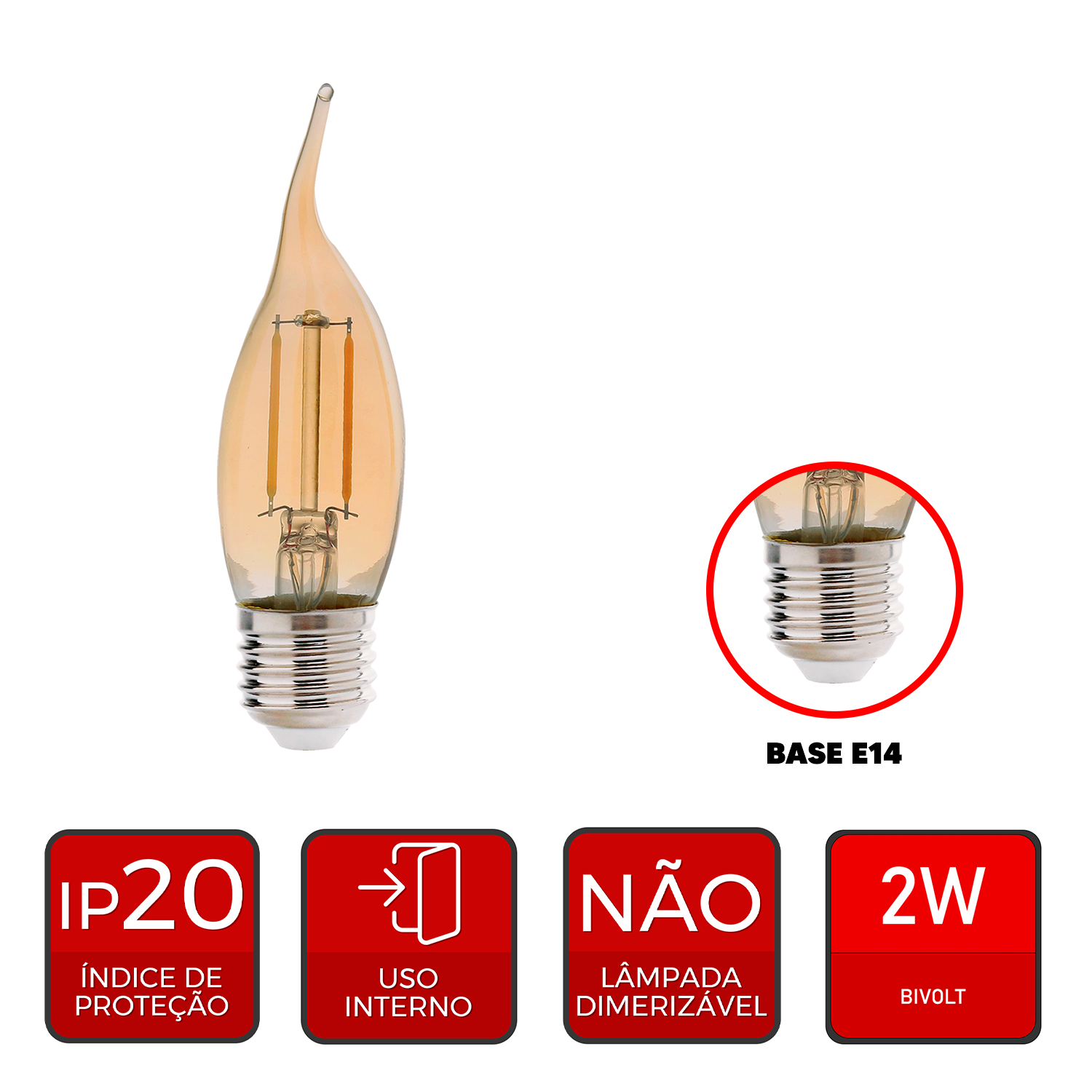 Lampada Led Vela Filamento Chama 2w 2200k Branco Quente E27 110v/220v Avant