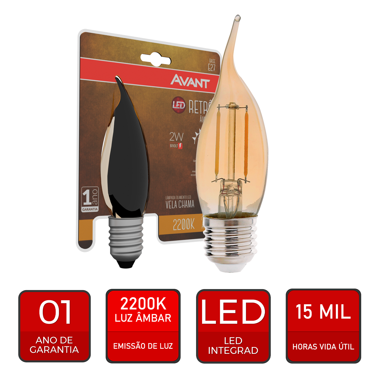 Lampada Led Vela Filamento Chama 2w 2200k Branco Quente E27 110v/220v Avant