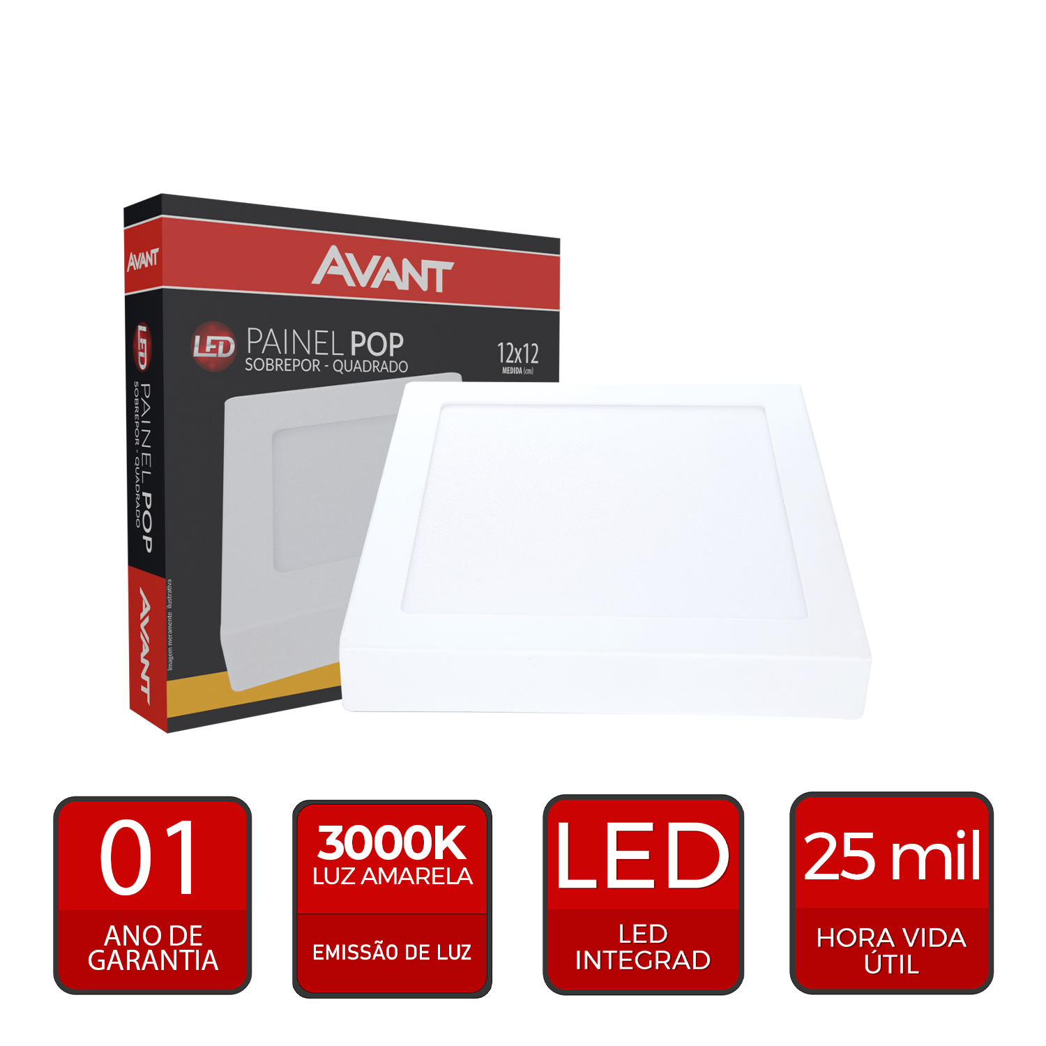 Painel Plafon Alumínio Sobrepor 6W 3000k Branco Quente 12cm Bivolt Quadrado Avant