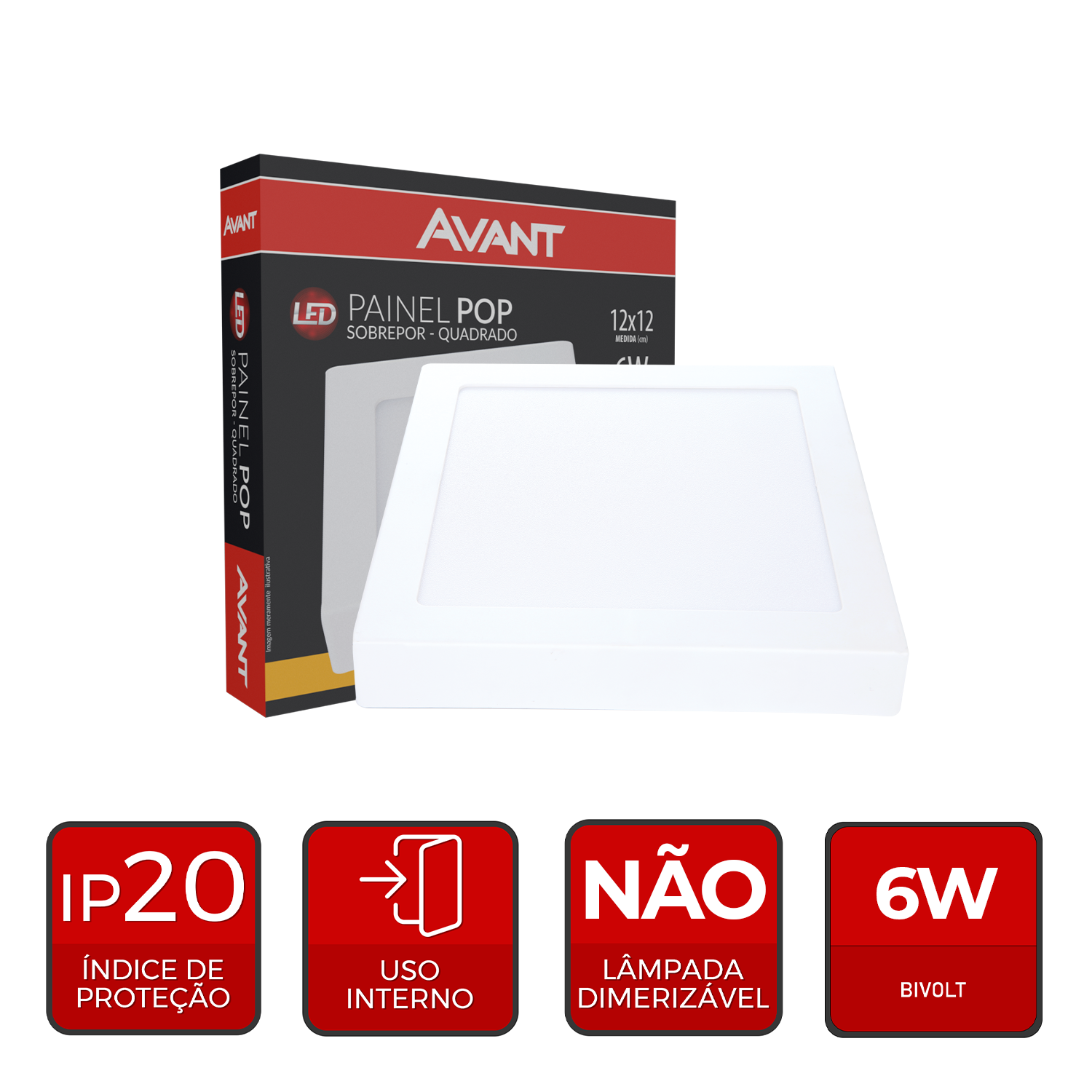 Painel Plafon Alumínio Sobrepor 6W 3000k Branco Quente 12cm Bivolt Quadrado Avant