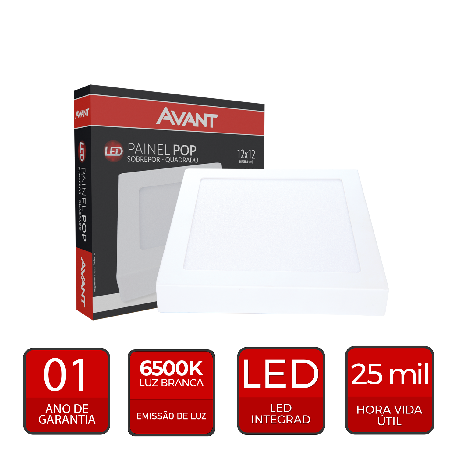 Painel Plafon Alumínio Sobrepor 6W 65000k Branco Frio 12cm Bivolt Quadrado Avant