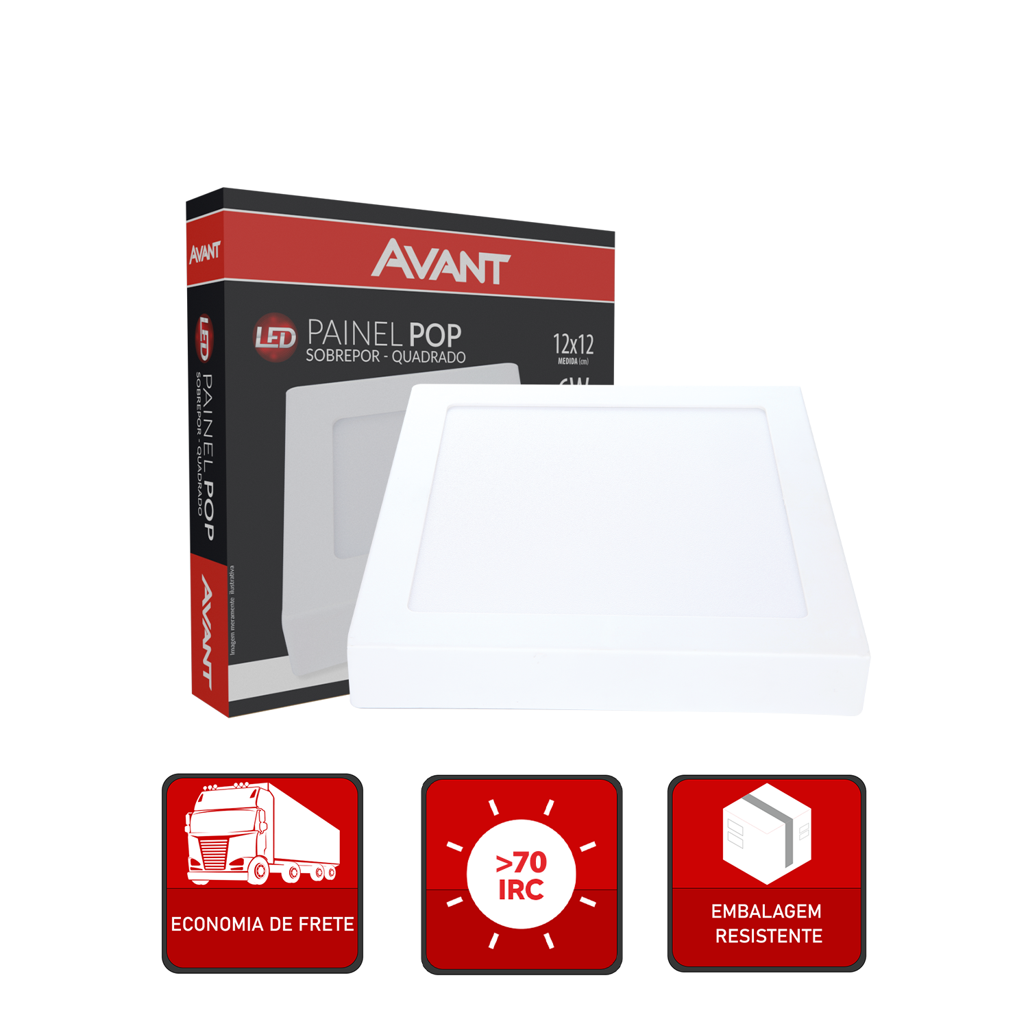 Painel Plafon Alumínio Sobrepor 6W 65000k Branco Frio 12cm Bivolt Quadrado Avant