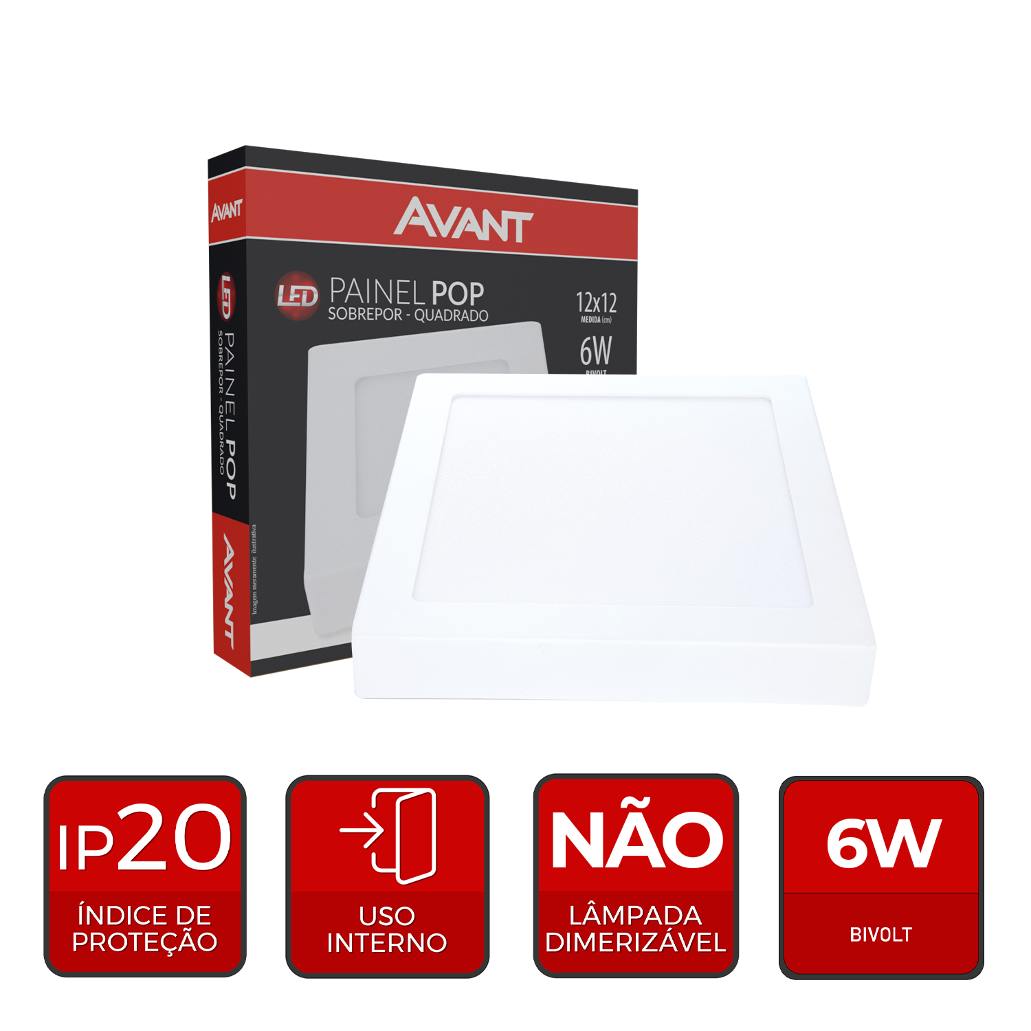 Painel Plafon Alumínio Sobrepor 6W 65000k Branco Frio 12cm Bivolt Quadrado Avant