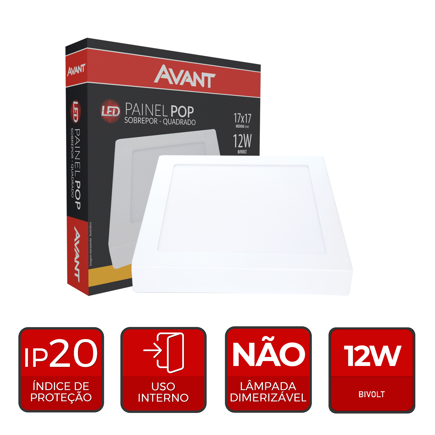 Painel Plafon Alumínio Sobrepor 12W 3000k Branco Quente 17cm Bivolt Quadrado Avant