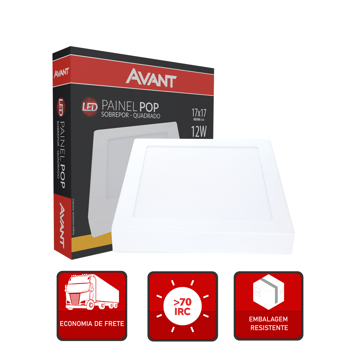 Painel Plafon Alumínio Sobrepor 12W 3000k Branco Quente 17cm Bivolt Quadrado Avant