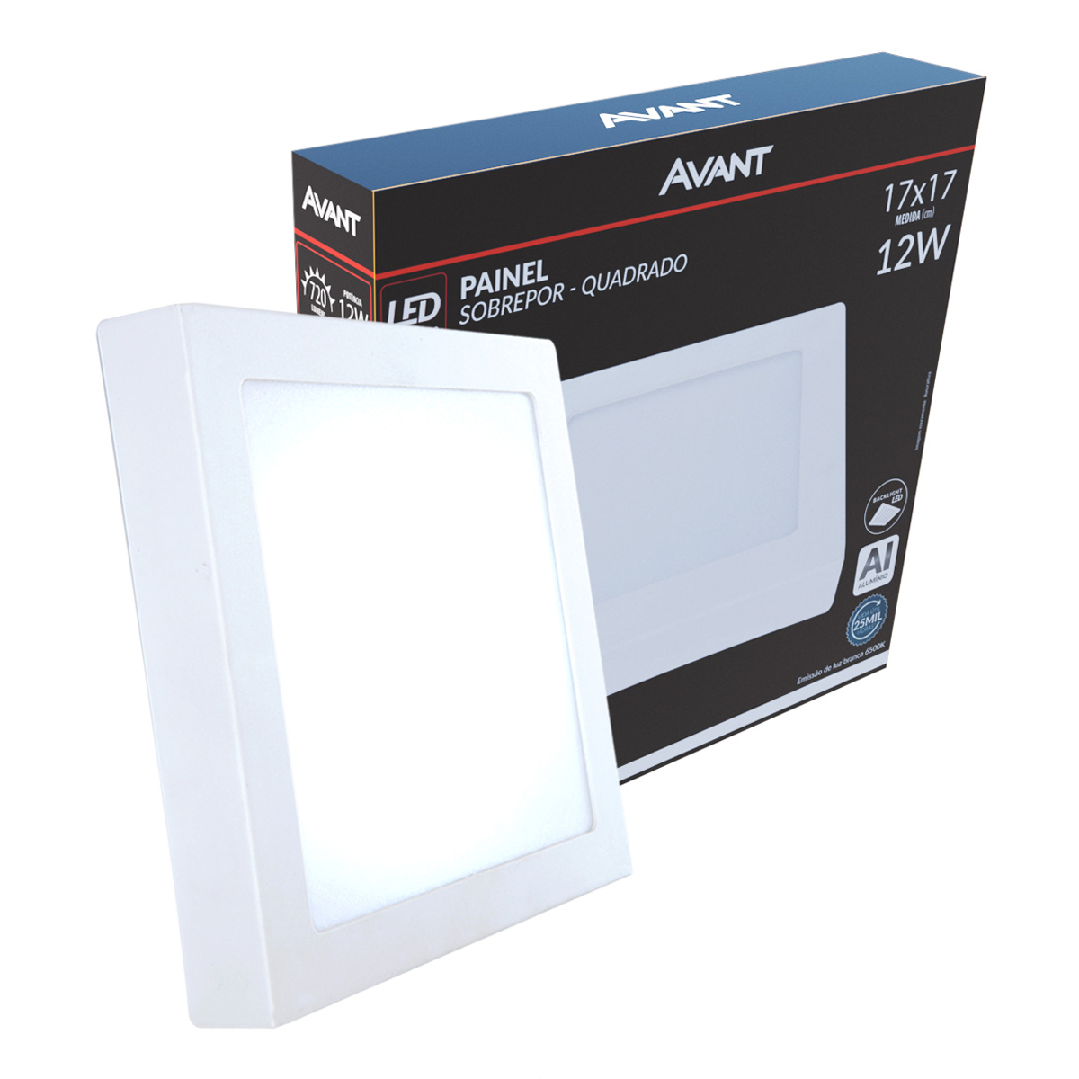 Painel Plafon Alumínio Sobrepor 12W 6500k Branco Frio 17cm Bivolt Quadrado Avant