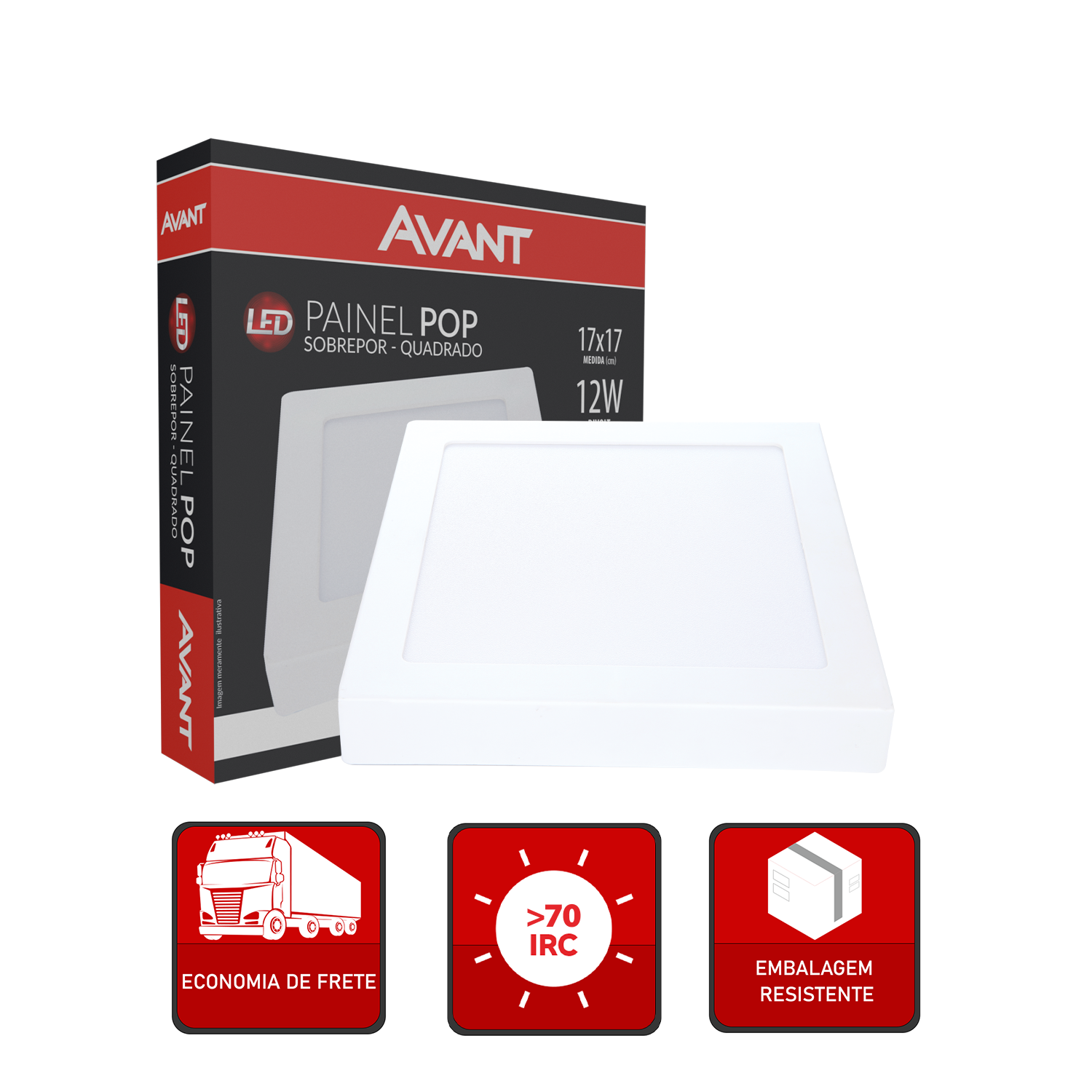 Painel Plafon Alumínio Sobrepor 12W 6500k Branco Frio 17cm Bivolt Quadrado Avant