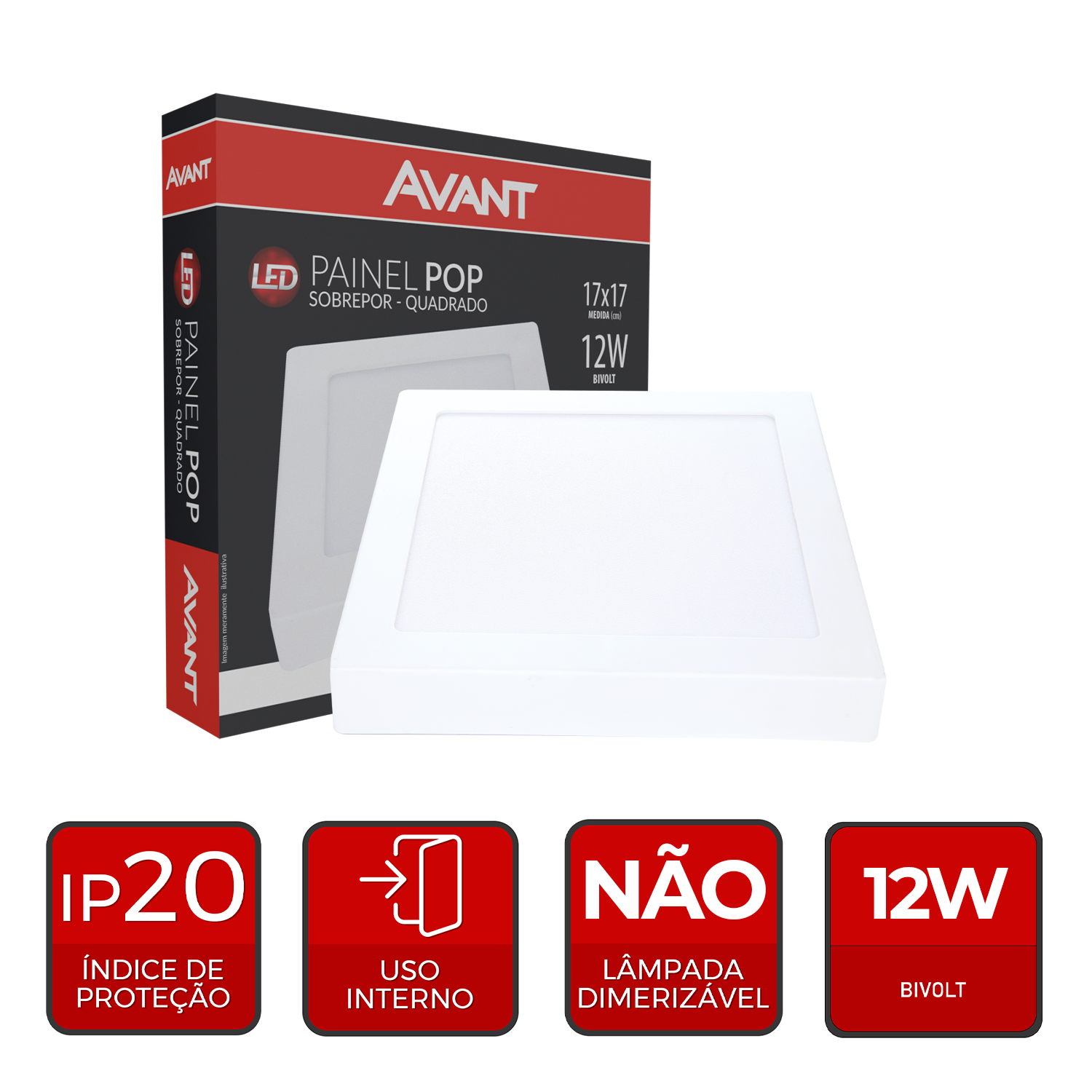 Painel Plafon Alumínio Sobrepor 12W 6500k Branco Frio 17cm Bivolt Quadrado Avant