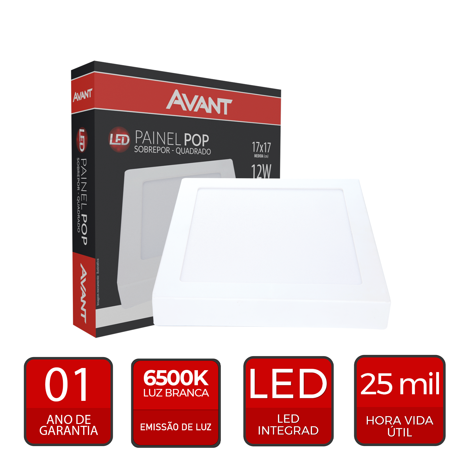 Painel Plafon Alumínio Sobrepor 12W 6500k Branco Frio 17cm Bivolt Quadrado Avant