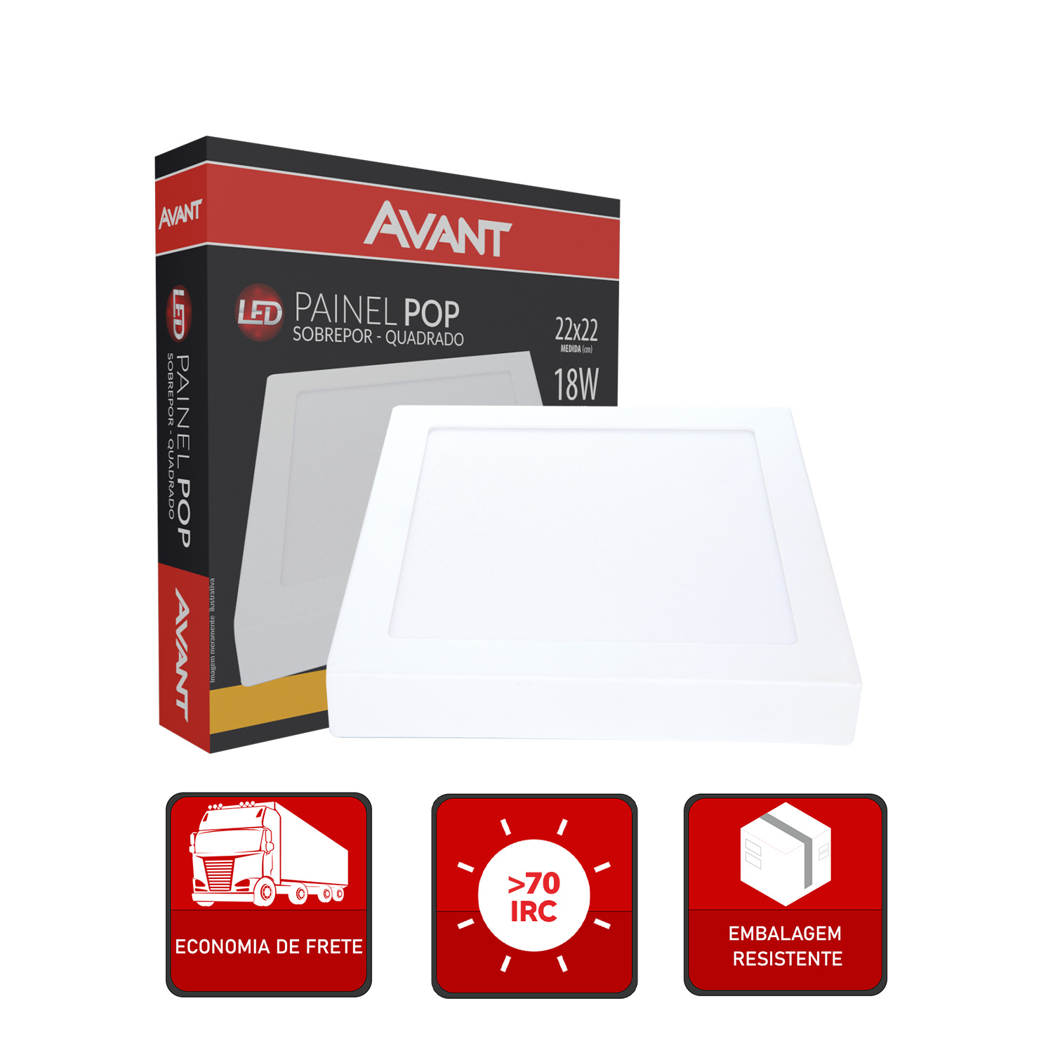 Painel Plafon Alumínio Sobrepor 18W 3000k Branco Quente 22cm Bivolt Quadrado Avant