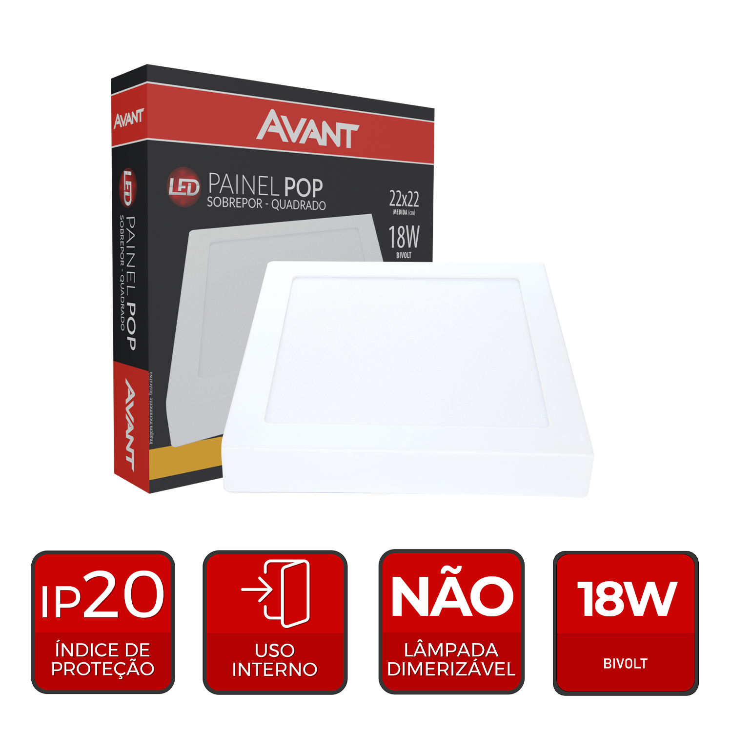 Painel Plafon Alumínio Sobrepor 18W 3000k Branco Quente 22cm Bivolt Quadrado Avant