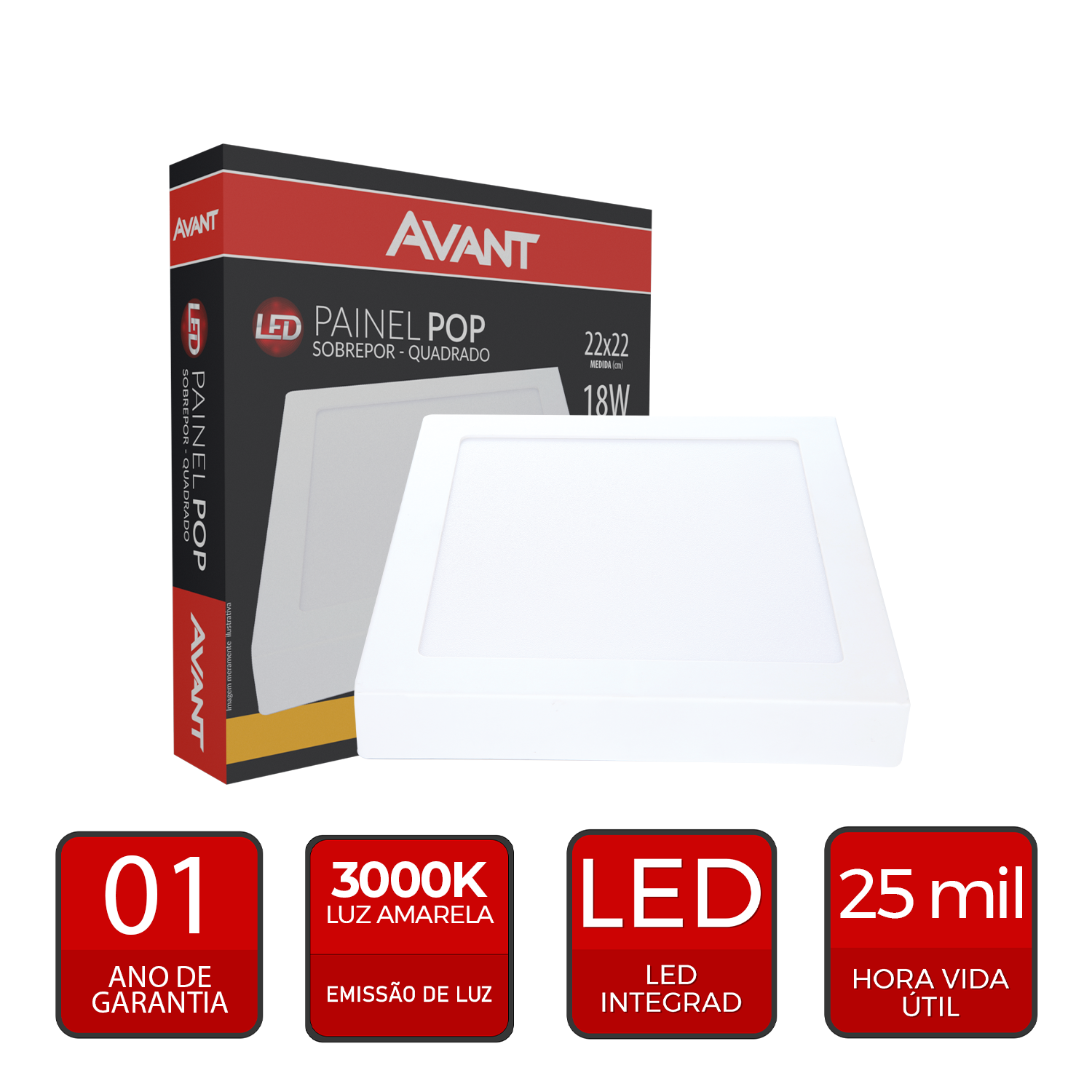 Painel Plafon Alumínio Sobrepor 18W 3000k Branco Quente 22cm Bivolt Quadrado Avant