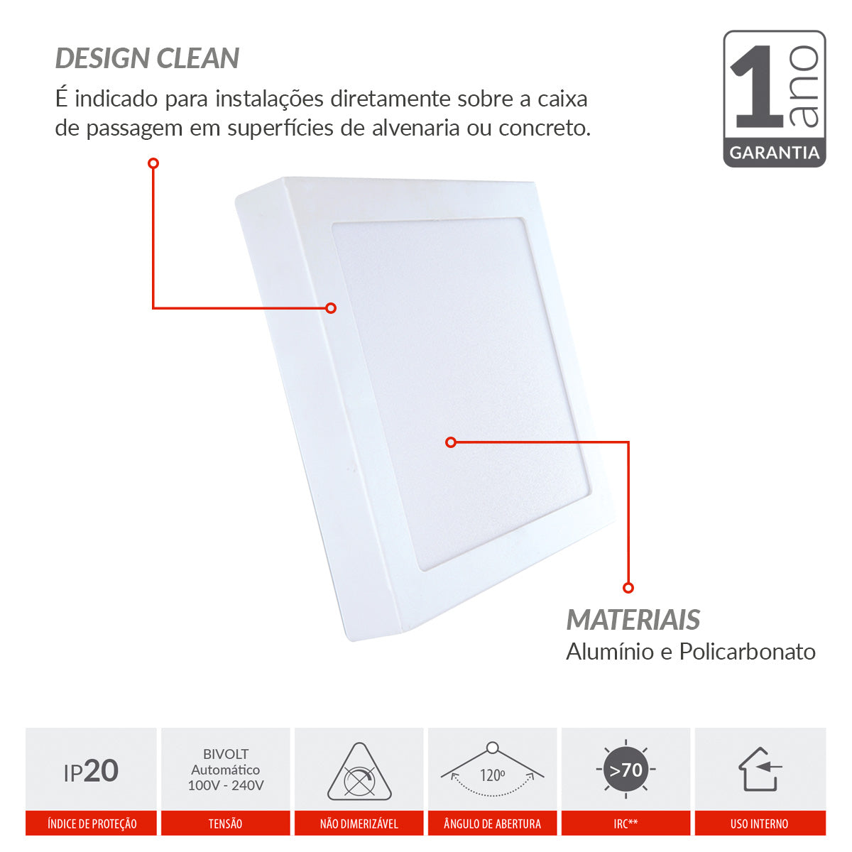 Painel Plafon Alumínio Sobrepor 18W 6500k Branco Frio 22cm Bivolt Quadrado Avant
