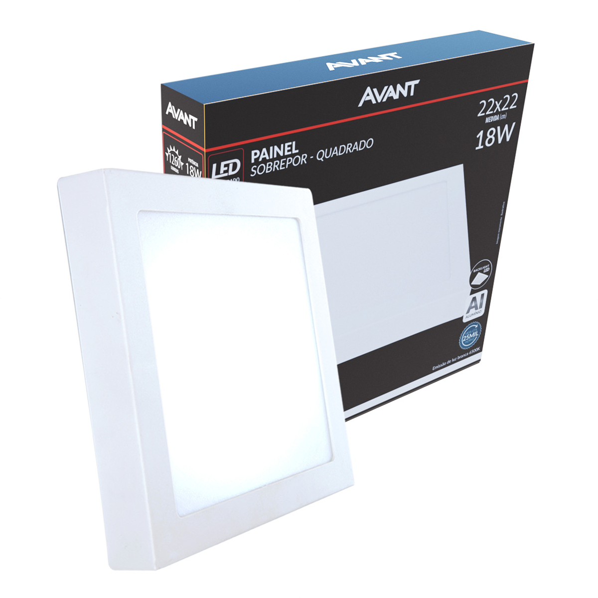 Painel Plafon Alumínio Sobrepor 18W 6500k Branco Frio 22cm Bivolt Quadrado Avant