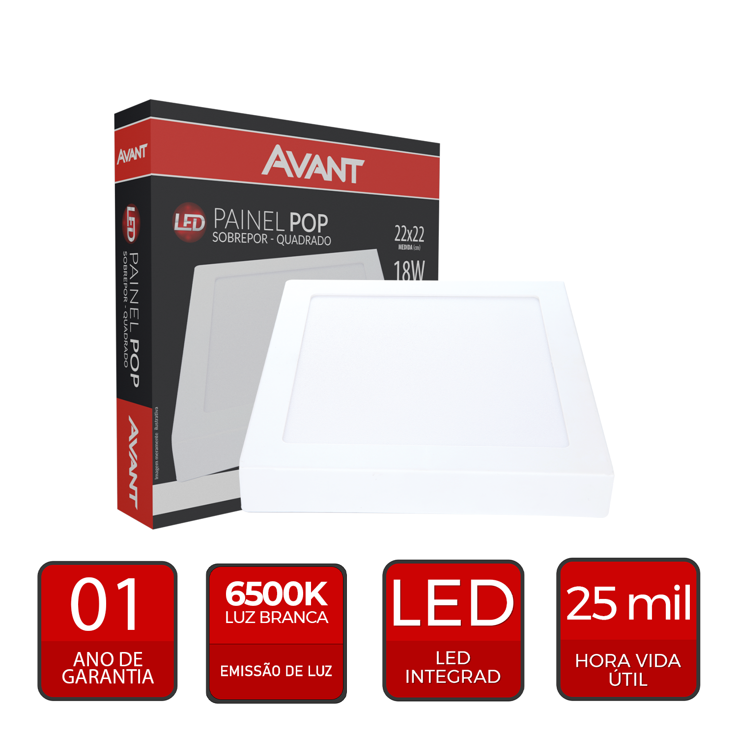 Painel Plafon Alumínio Sobrepor 18W 6500k Branco Frio 22cm Bivolt Quadrado Avant