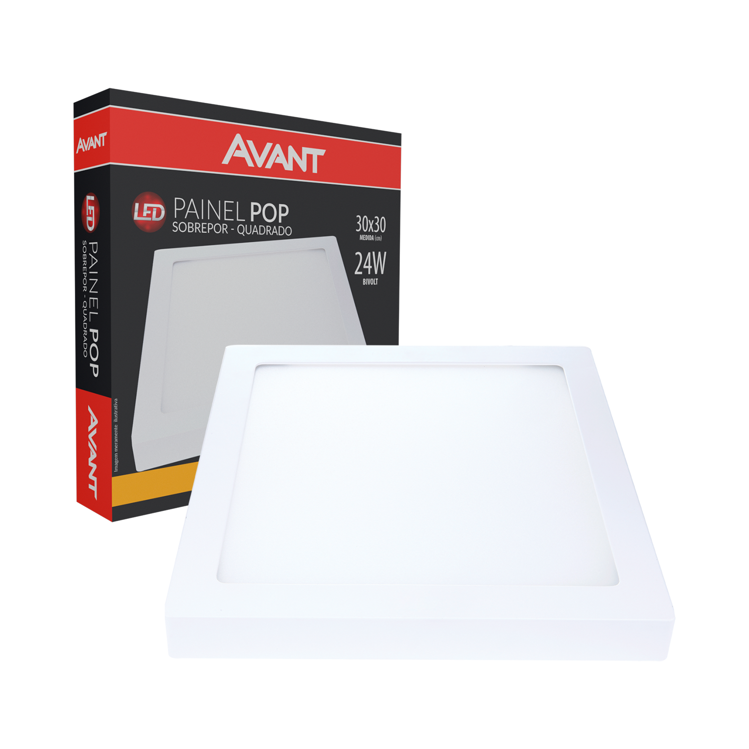 Painel Plafon Alumínio Sobrepor 24W 3000k Branco Quente 30cm Bivolt Quadrado Avant