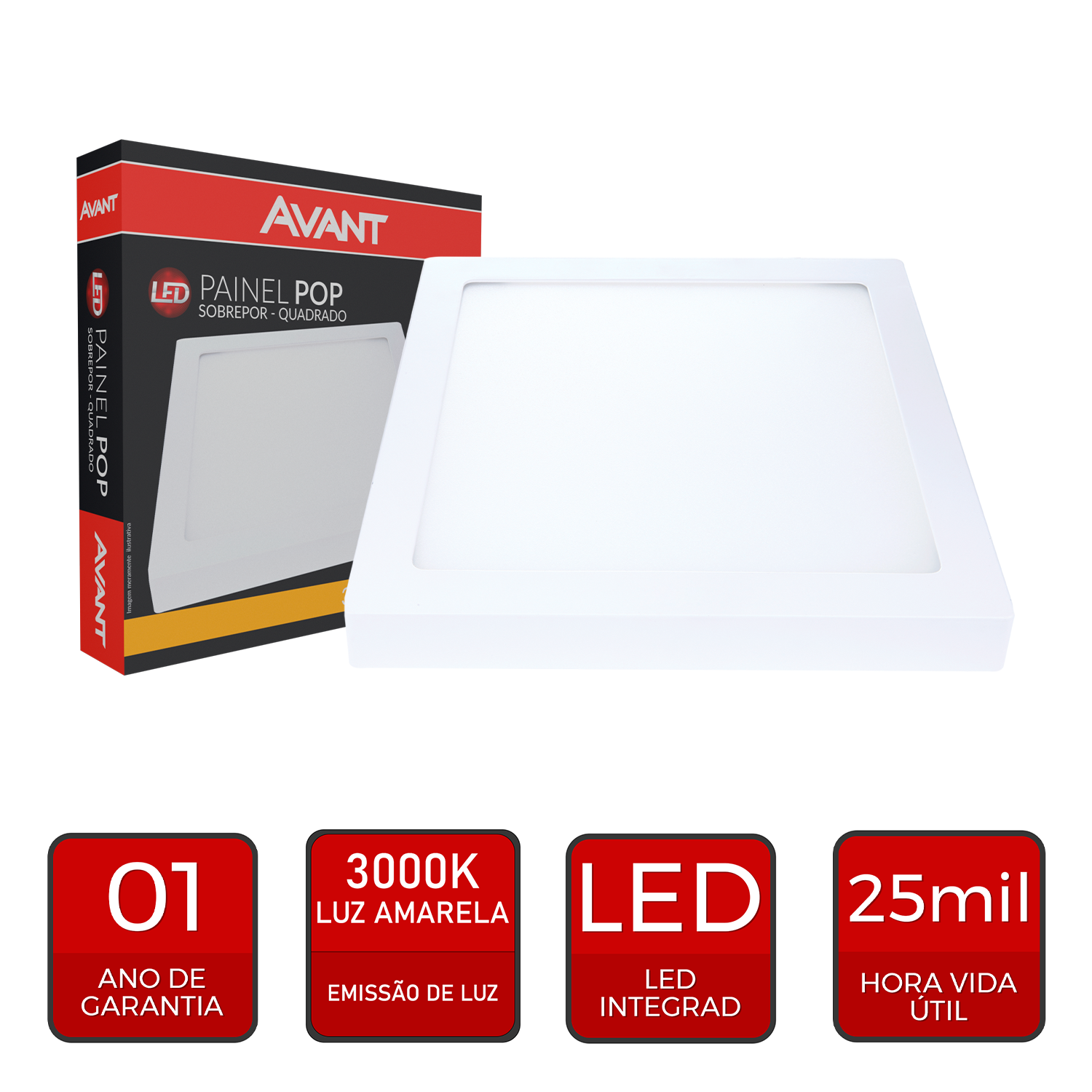 Painel Plafon Alumínio Sobrepor 24W 3000k Branco Quente 30cm Bivolt Quadrado Avant