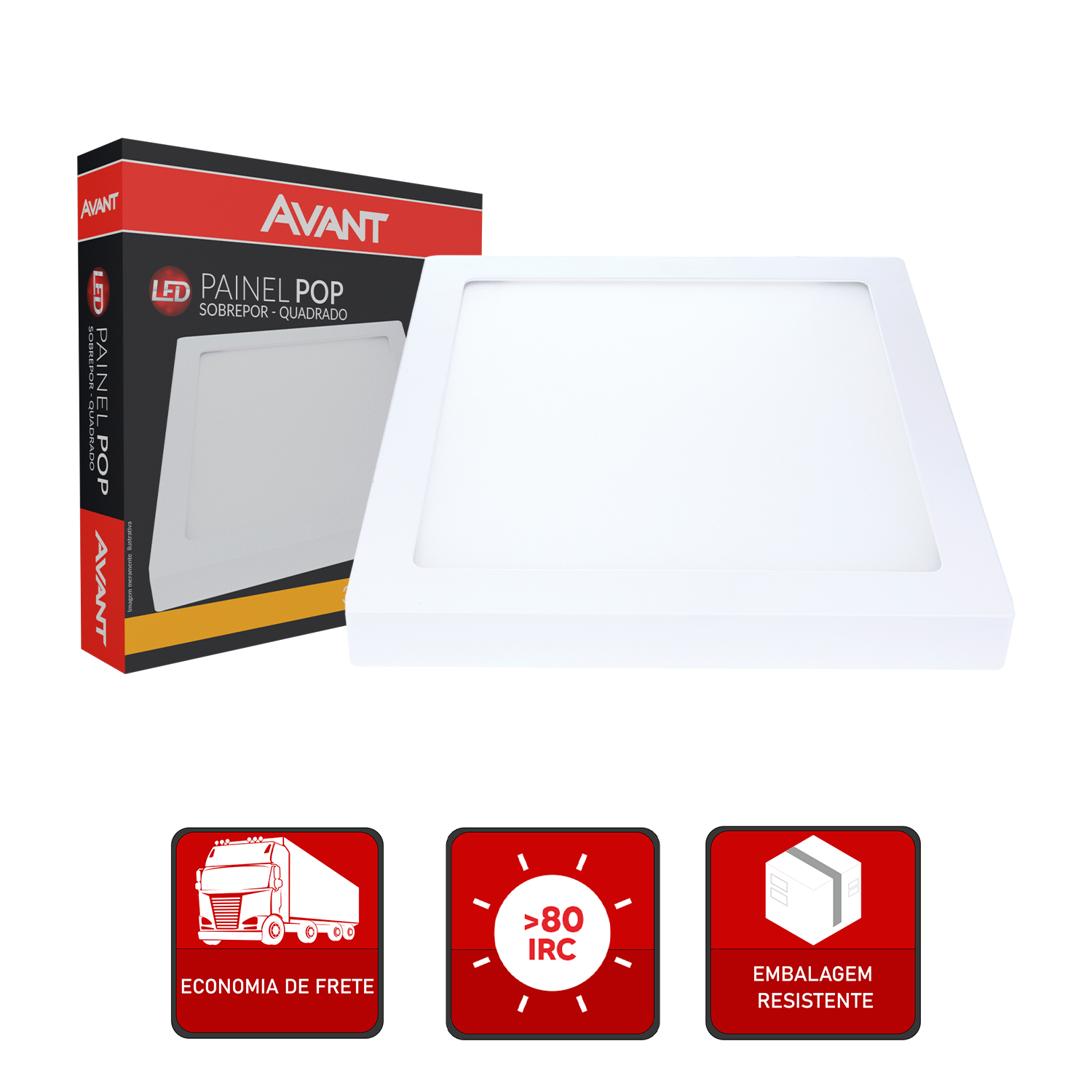Painel Plafon Alumínio Sobrepor 24W 3000k Branco Quente 30cm Bivolt Quadrado Avant