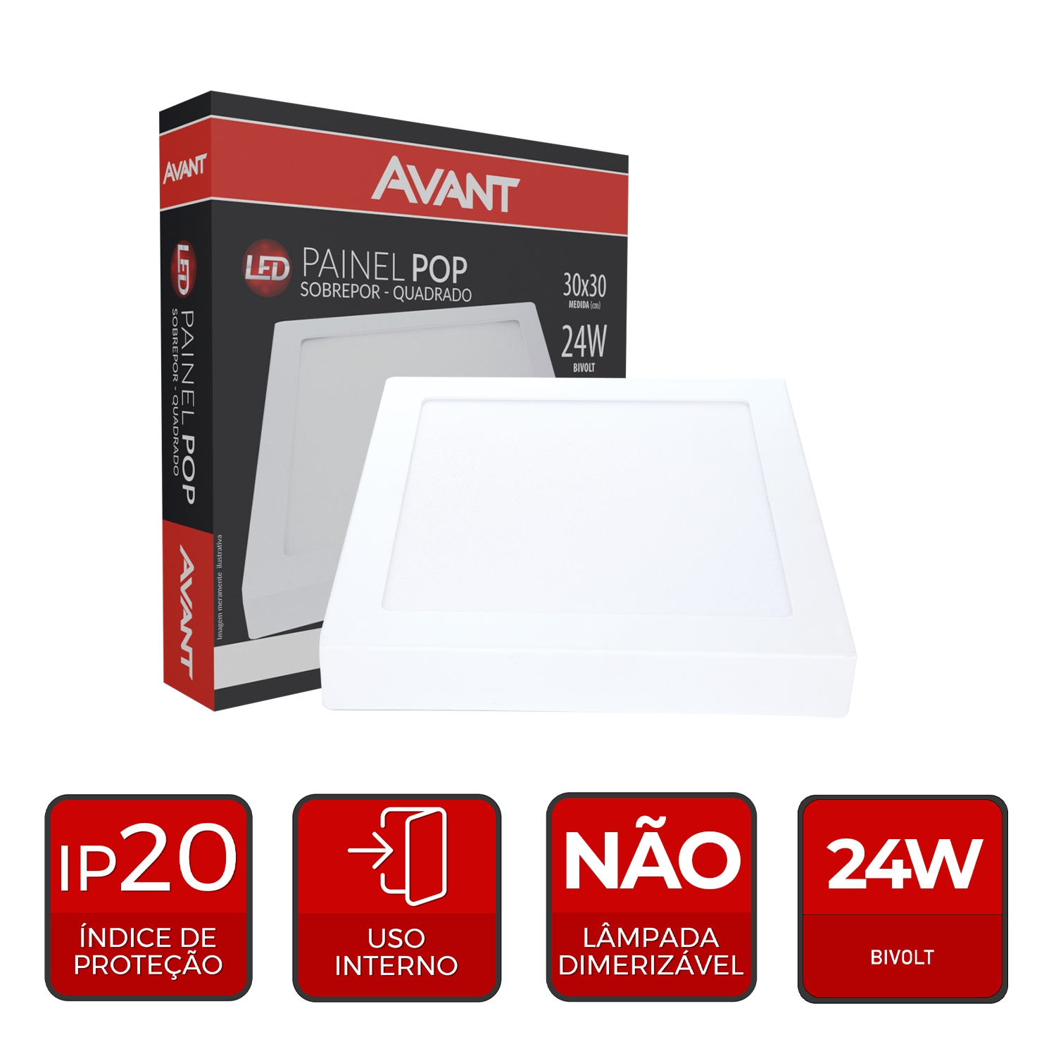 Painel Plafon Alumínio Sobrepor 24W 6500k Branco Frio 30cm Bivolt Quadrado Avant