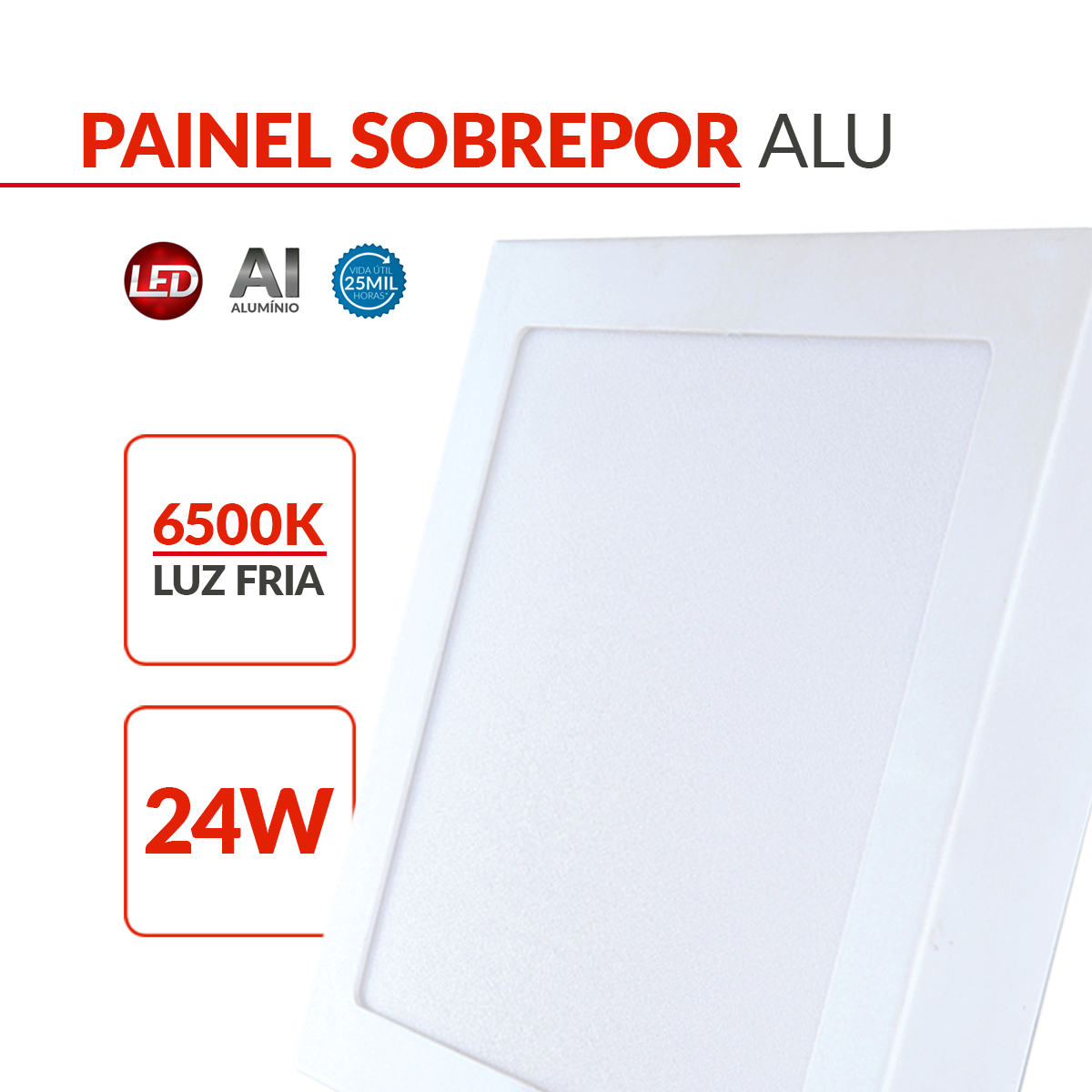 Painel Plafon Alumínio Sobrepor 24W 6500k Branco Frio 30cm Bivolt Quadrado Avant
