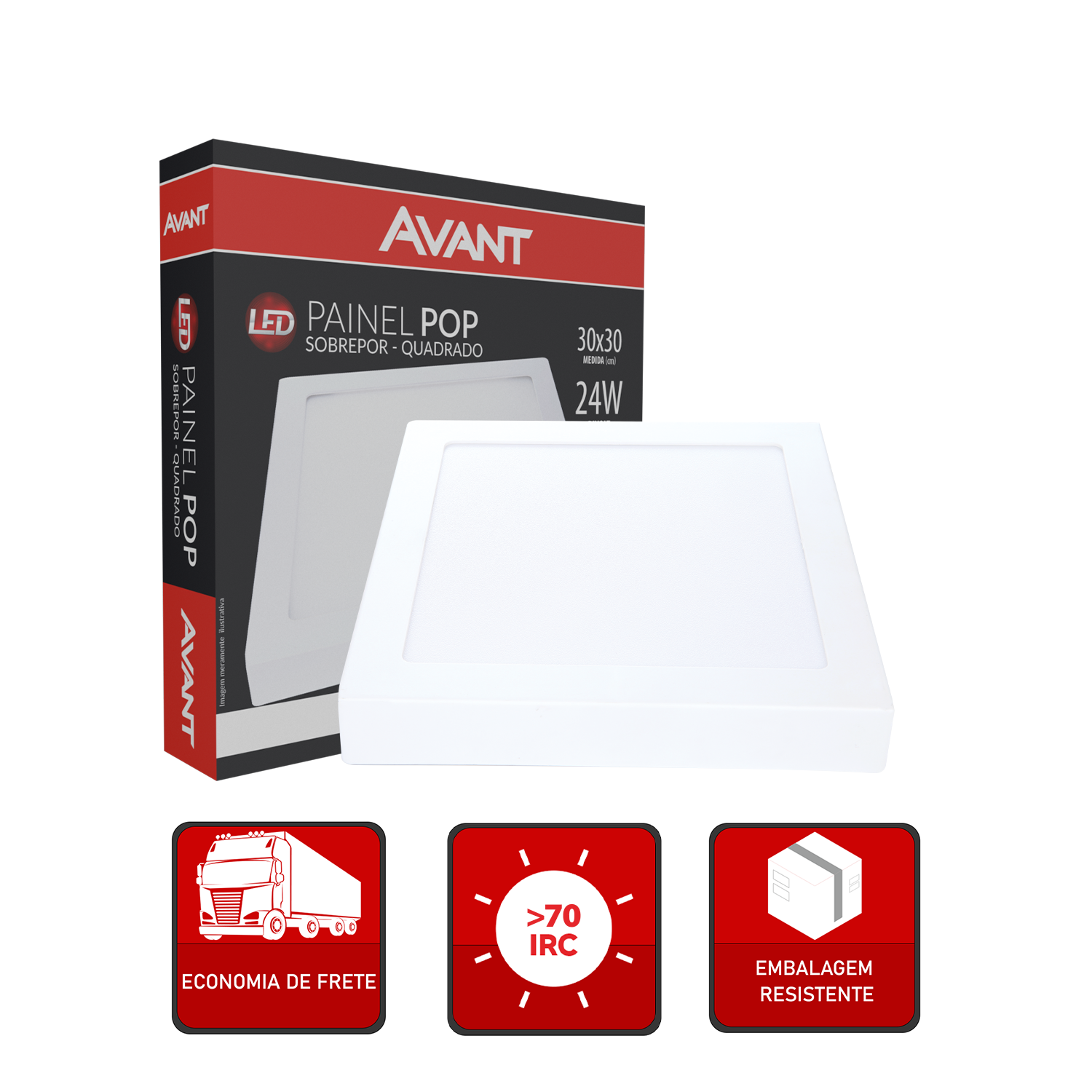 Painel Plafon Alumínio Sobrepor 24W 6500k Branco Frio 30cm Bivolt Quadrado Avant
